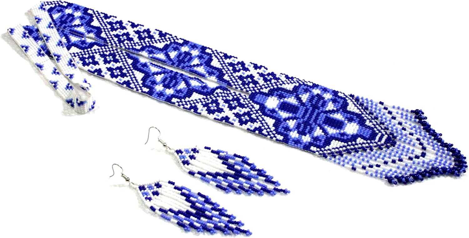 Long Beaded Necklace – Boho Native Handmade Seed Bead Tassel Necklace, Bohemian Large Statement Beaded Necklace for Women