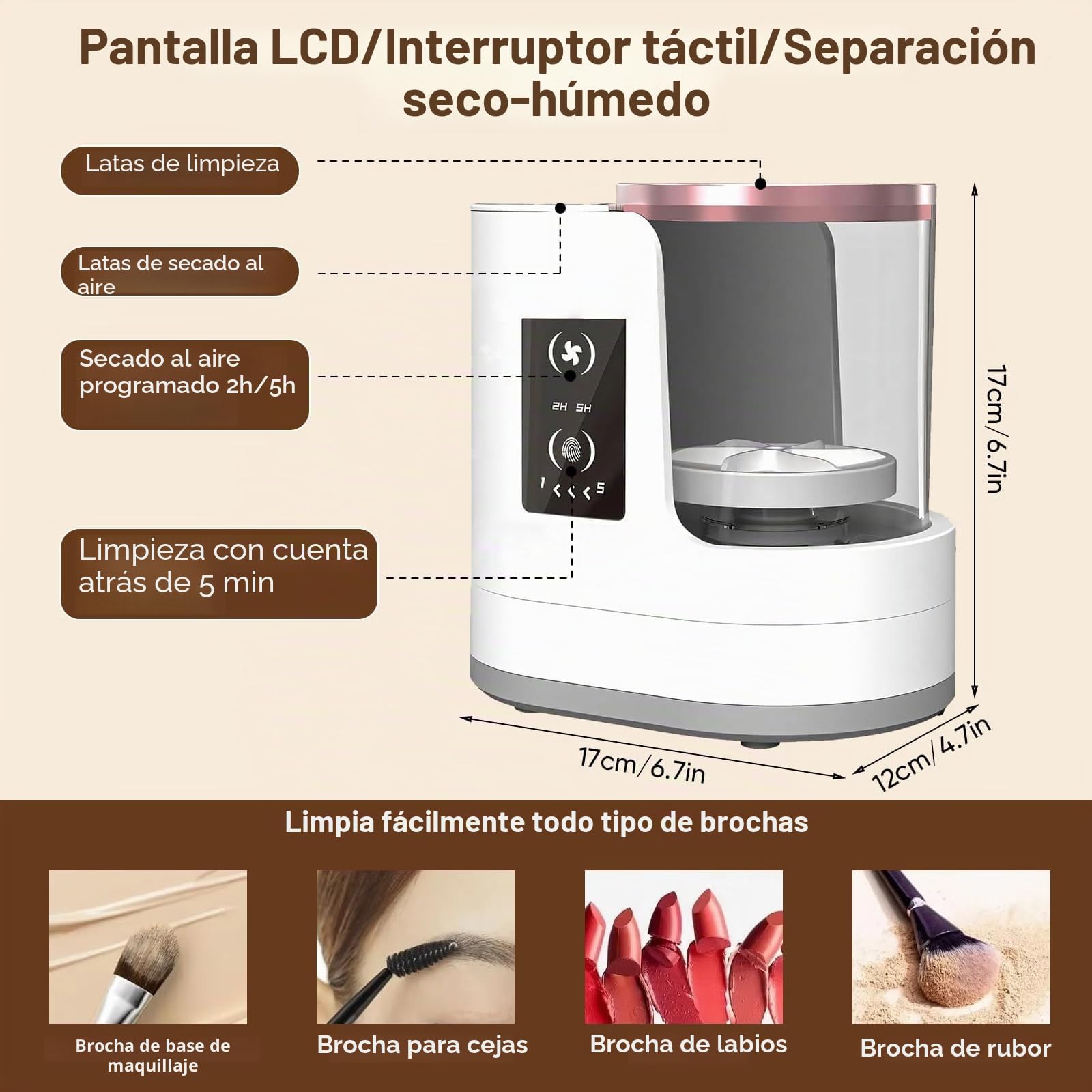 Limpiador 3 en1 Brochas Maquillaje，Máquina Limpieza Eléctrica con Secador & Soporte - Lavador Brochas Automático USB para Todas Tamaños Brochas Cosméticas & Beauty Blender, Parada Auto 5 Min