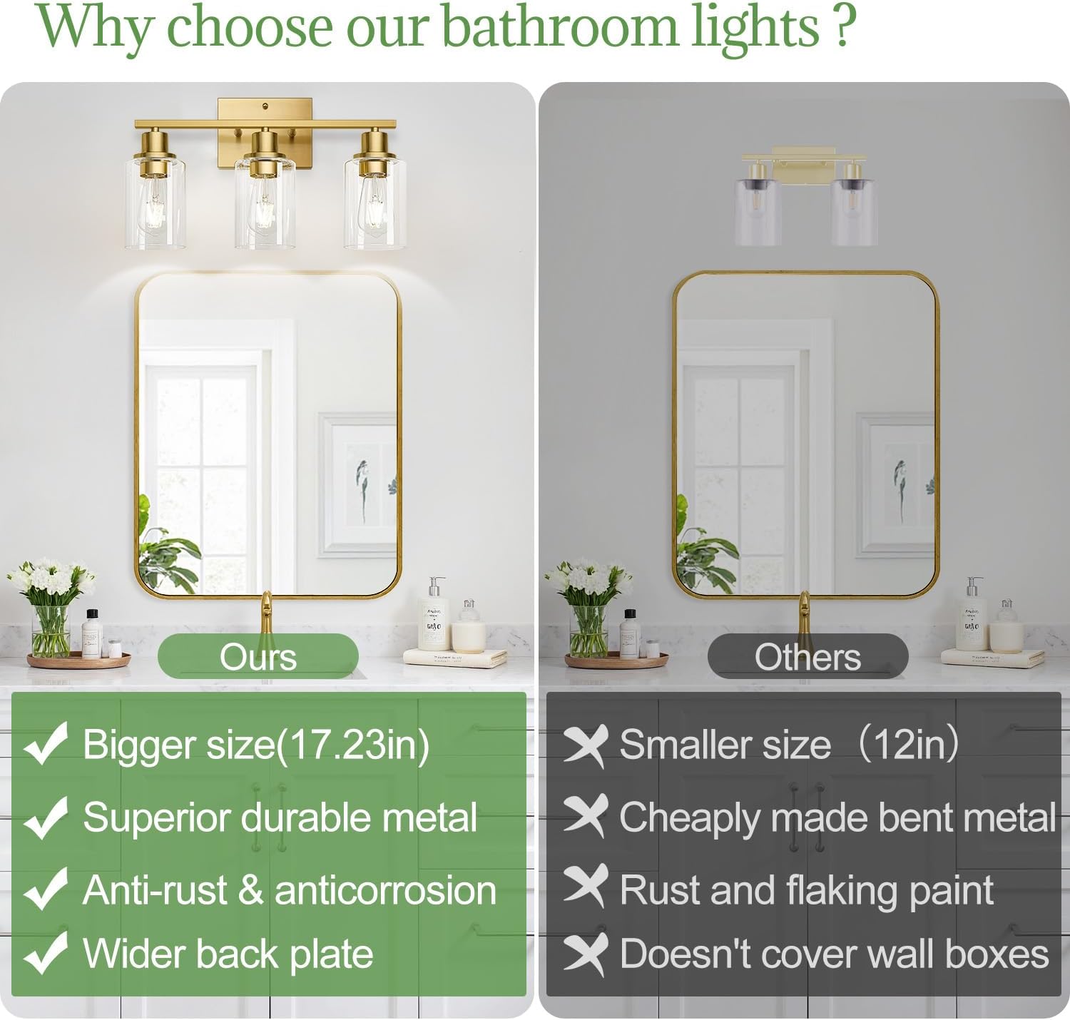 MOKATNG 3-Light Bathroom Light Fixtures, Vanity Light with Clear Glass Shades, Brushed Gold Bathroom Light Fixtures Over Mirror, Modern Bathroom Wall Lamp for Mirror Living Room Cabinet Bedroom