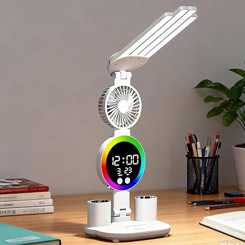 Lámpara de escritorio LED para el cuidado de los ojos, lámpara de mesa ajustable regulable sin escalones con ventilador de lectura, lámpara de