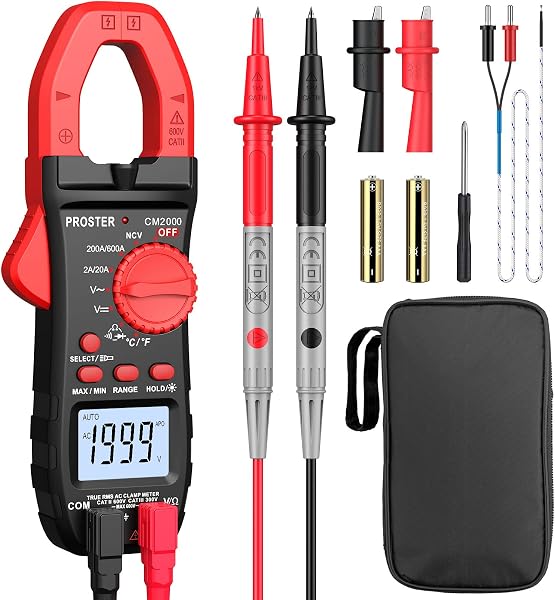 Proster Pinza Amperometrica 2000 Count TRMS 600A Multimetro Digitale con Retroilluminazione e Luce Test Temperatura AC Corrente AC/DC Tensione NCV Diodo Resistenza Continuità - 1