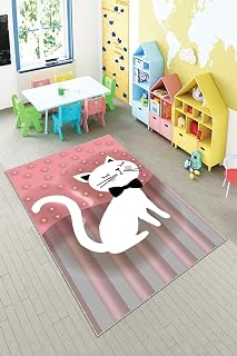 Pelangi Pembe Kedi Desenli Yıkanabilir Kaymaz Taban Leke Tutmazbebek Ve Çocuk Odası Halısı, Gri-Pembe 100 x 150