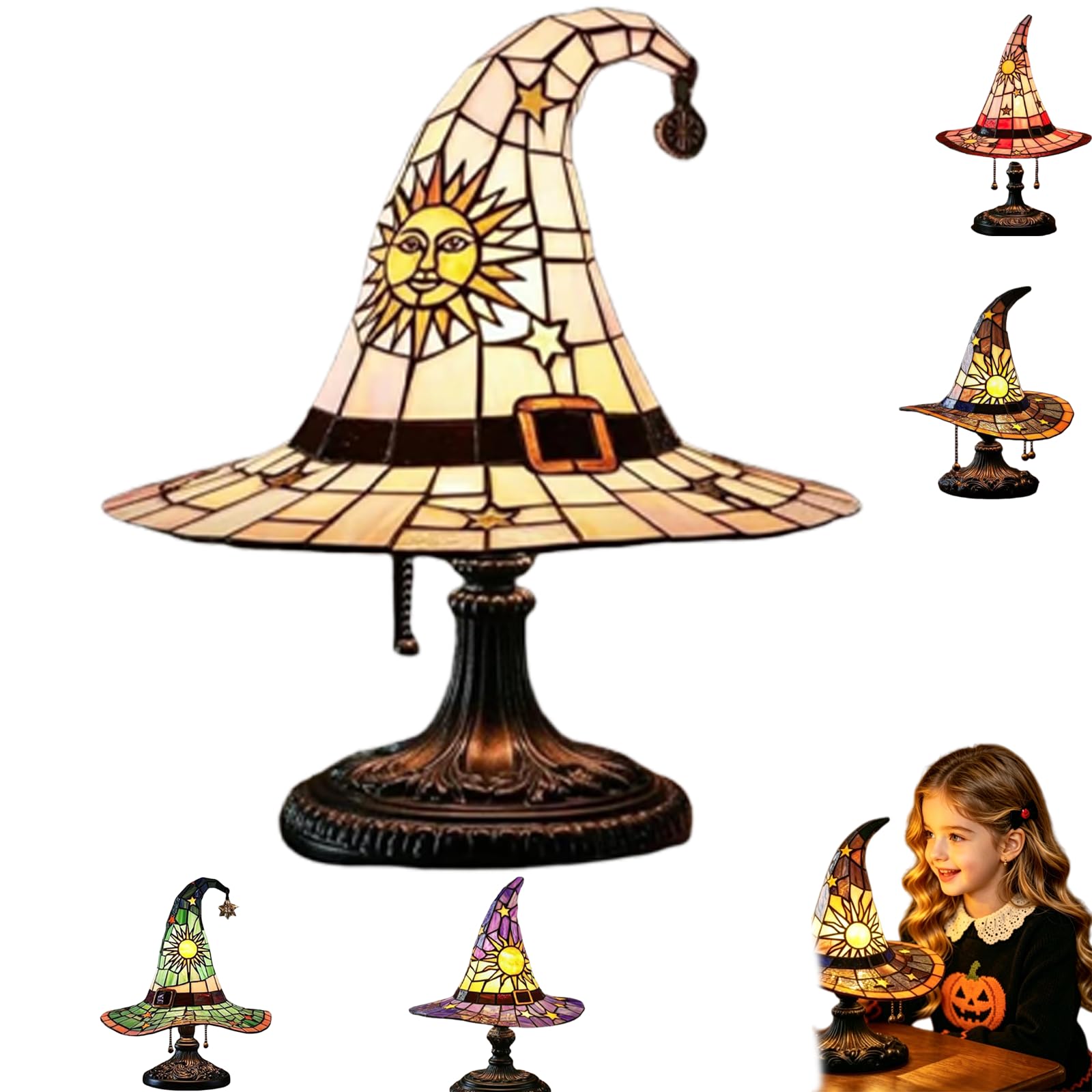 UIRPK Stained Glass Witch Hat Lamp,Handmade Witch Hat Lights, Handcrafted Retro Resin Witch Lamp, Halloween Home Decor Accent Lamps for Bedroom & Bookshelf (D-S)