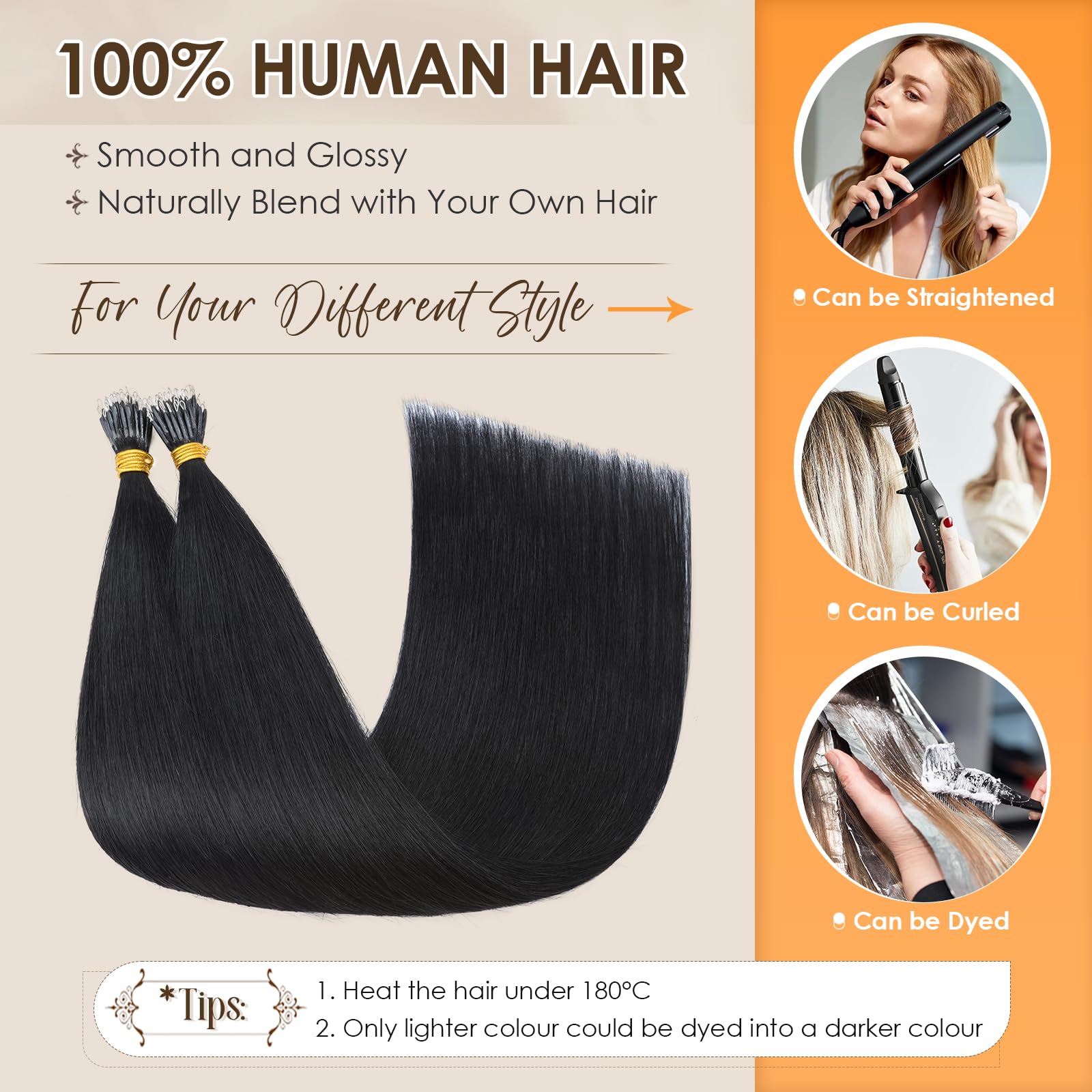 Elailite Nano Beads Hair Extension Real Human Hair With Nano Ring 50 Strands Cold Fusion Straight (#1 Jet Black, 24 Inch) - Image 4