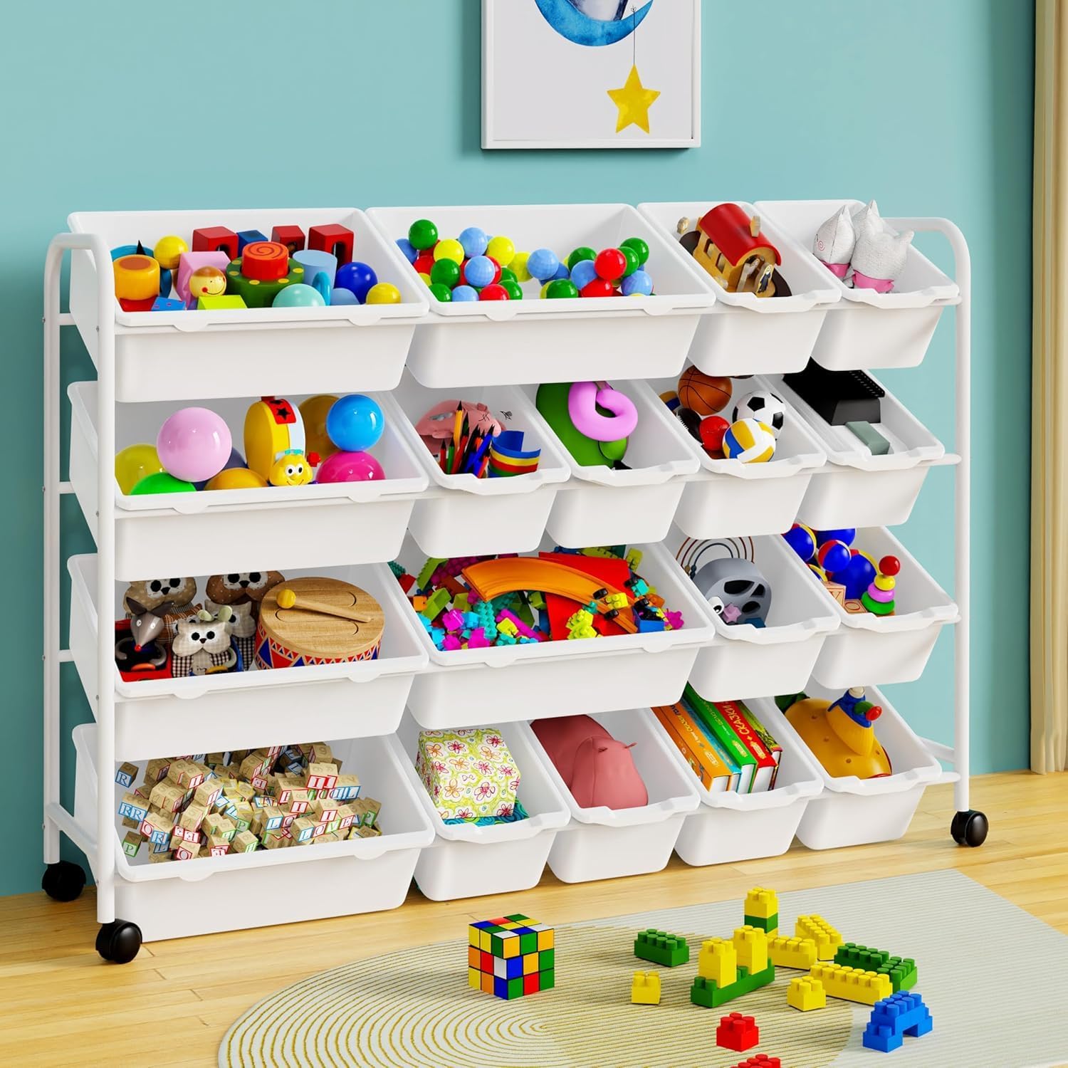 Kids Toy Storage Organizer, Rolling Toy Organizer with 18 Storage Bins,4 Tier Large Toddler Toy Storage Rack with Wheels for Toys,Blocks and More, Playroom