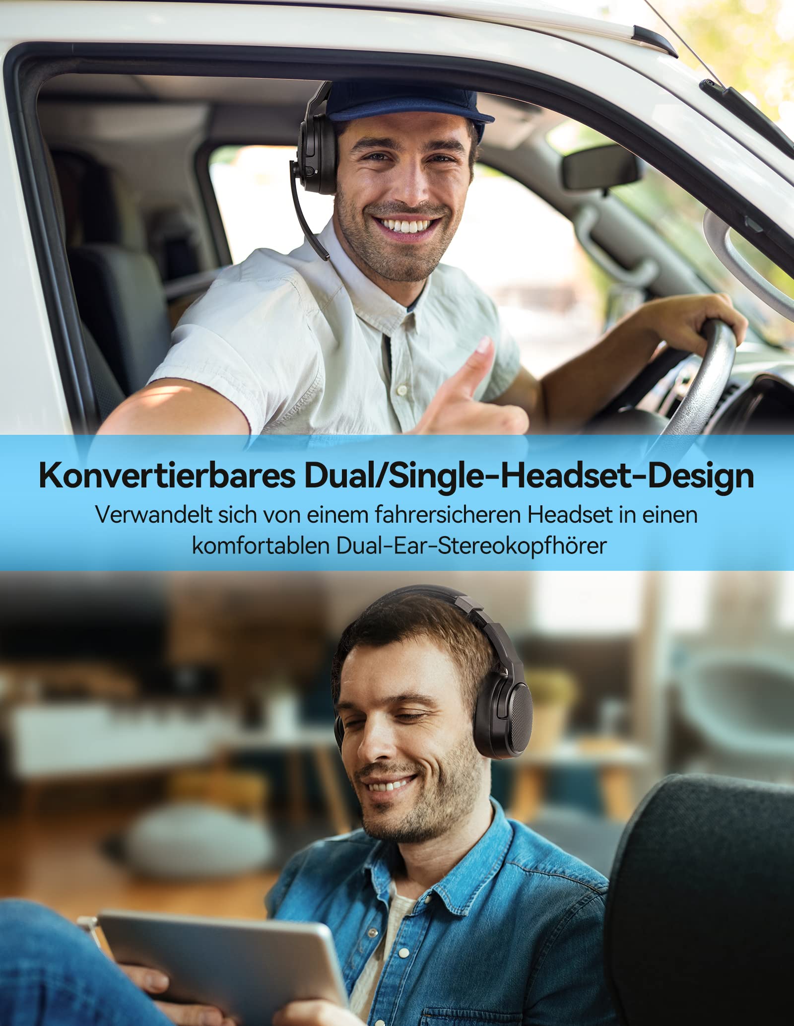 TECKNET Bluetooth Headset mit Mikrofon, Single und Dual Noise Cancelling Headset Kabellos mit USB Dongle, 3 EQ Musikmodi, Over Ear Kopfhörer Kabellos Bluetooth für Office, Home, Zoom