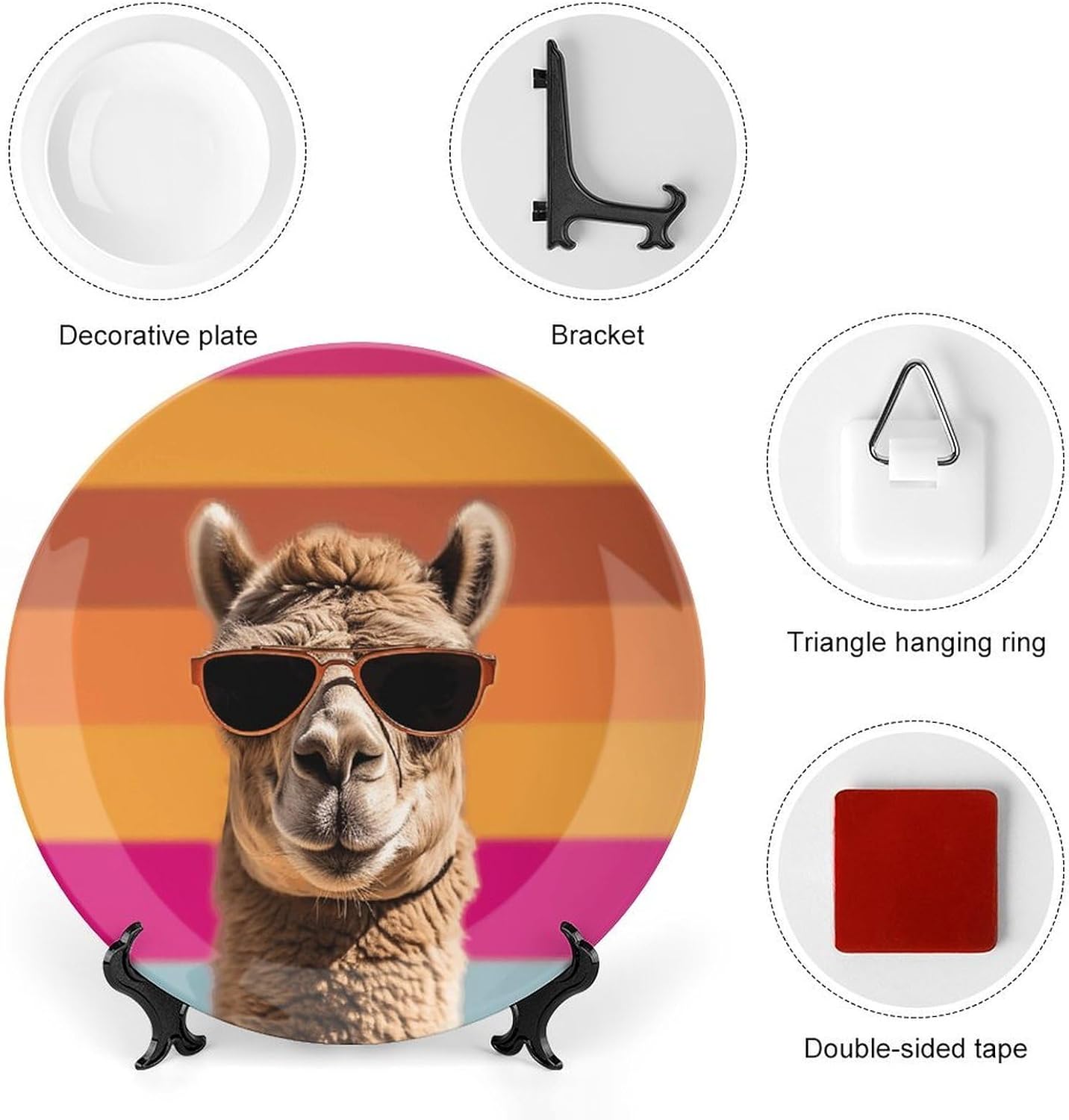Camel Wearing Sunglasses Bone China Decorative Plate with Display Stand, Ceramic Ornaments Plate for Wall Hanging, Personalized Porcelain Plates for Office, Living Room 8inch