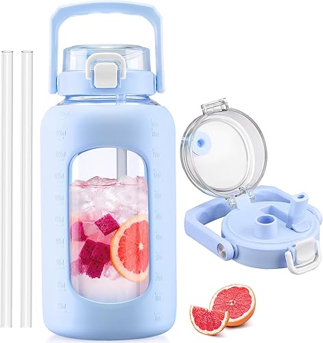 Miniatura 26 de BLUEGO Botella de agua de vidrio de 32 onzas con asa y pajita Botella de vidrio deportiva a prueba de fugas con marcador de tiempo y funda de Oliva