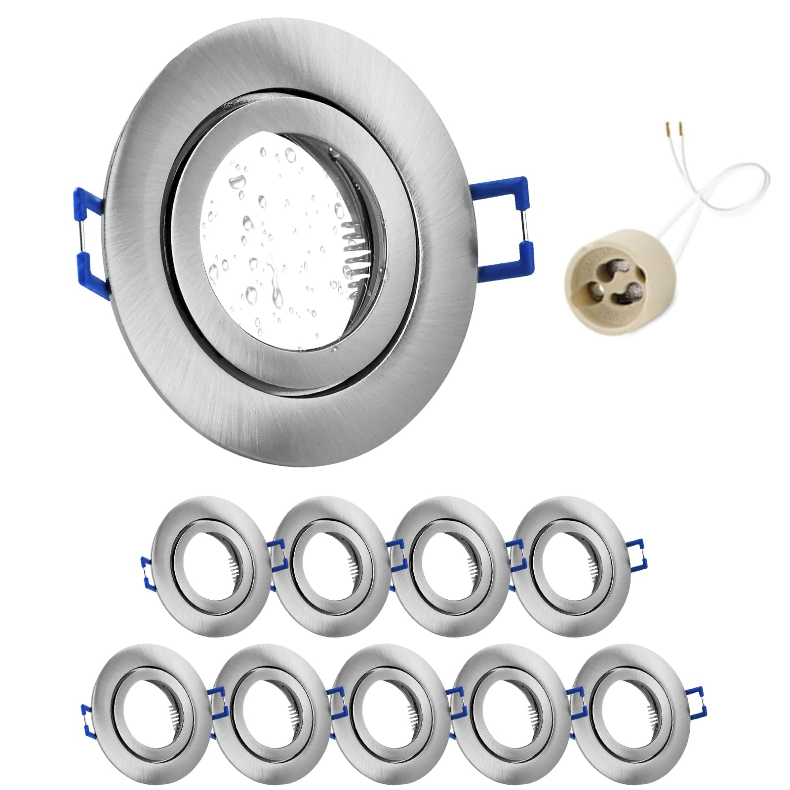 GeyouLux 10x LED Einbaustrahler 230V IP44 Rahmen mit GU10 Fassung, Aluminium Deckenspots Nickel, Rund Flach LED Spots Badezimmer Einbauspots Spot Einbaurahmen 68mm lochmass für Außen- Innen