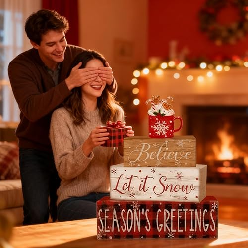 Miniatura 6 de 4 piezas de decoraciones navideñas para interiores - Decoración de mesa de madera de cacao para el hogar - Centro de mesa navideño para la mesa -