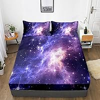 Vista 10 de Juego de sábanas bajeras de galaxia para niñas y niños, 2 piezas, 1 sábana de bolsillo profundo con 1 funda de almohada de microfibra sin arrugas