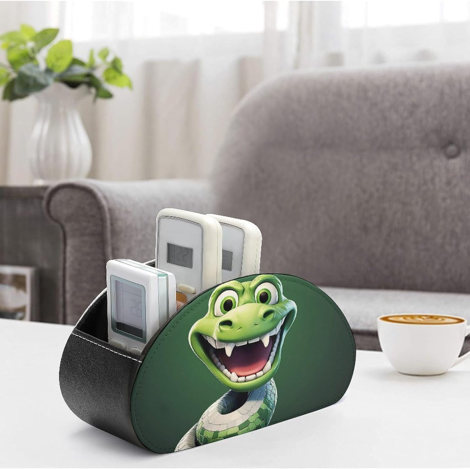 Leather Remote Control Holder Storage Container, WithCartoon Snake Green Printed Living Room Media Storage Organizer, with 5 Compartments for TV Remote Phone Caddy Eyeglasses image 4