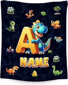 Dinosaur Blanket for Kids - Personalized Blankets Gifts for Boys - Cozy Lightweight Monogram Throw for Sofa & Bedroom Decor