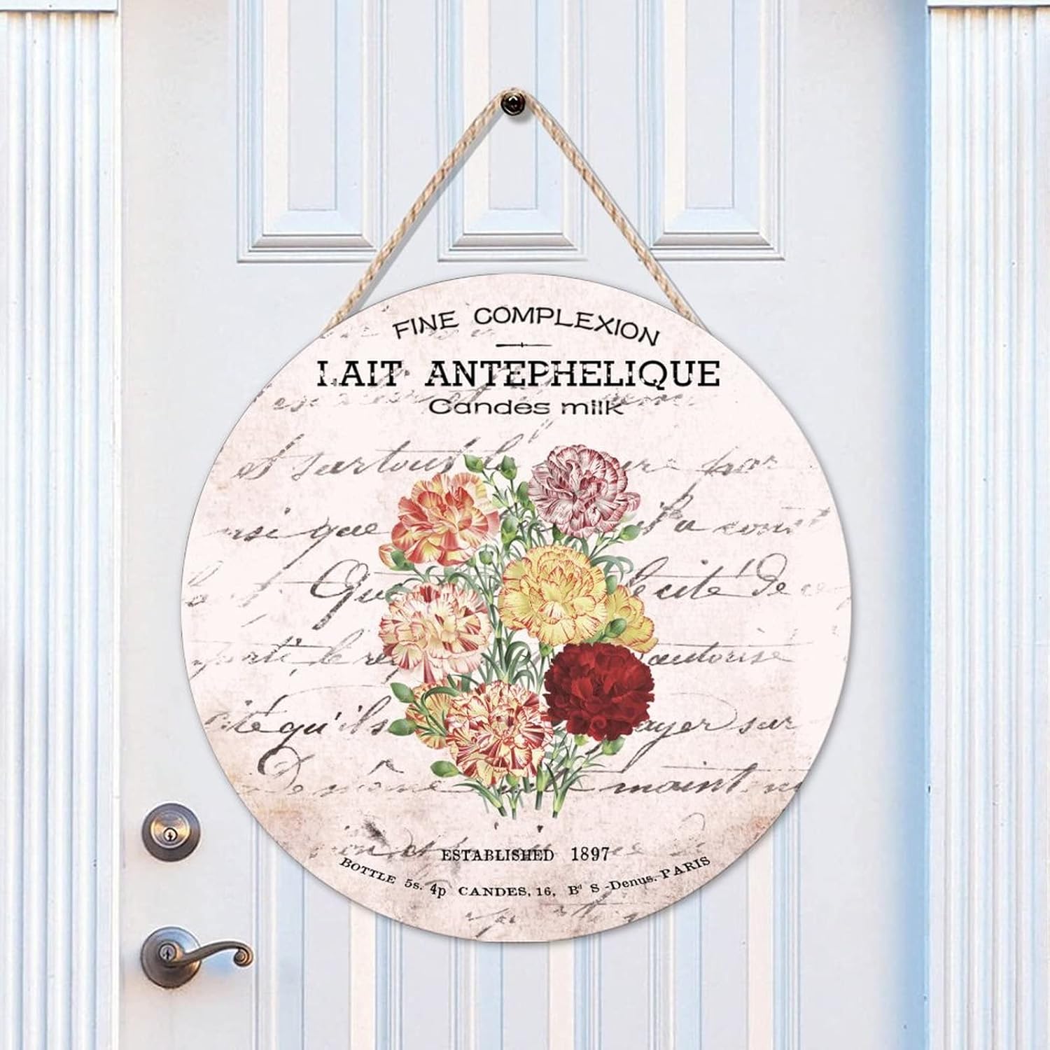 French Vintage Flower Wood Door Sign Floral Front Door Round Wood Sign 16x16in Flower Wall Hanging Sign Plaque for Front Door Farmhouse Porch Housewarming Gifts