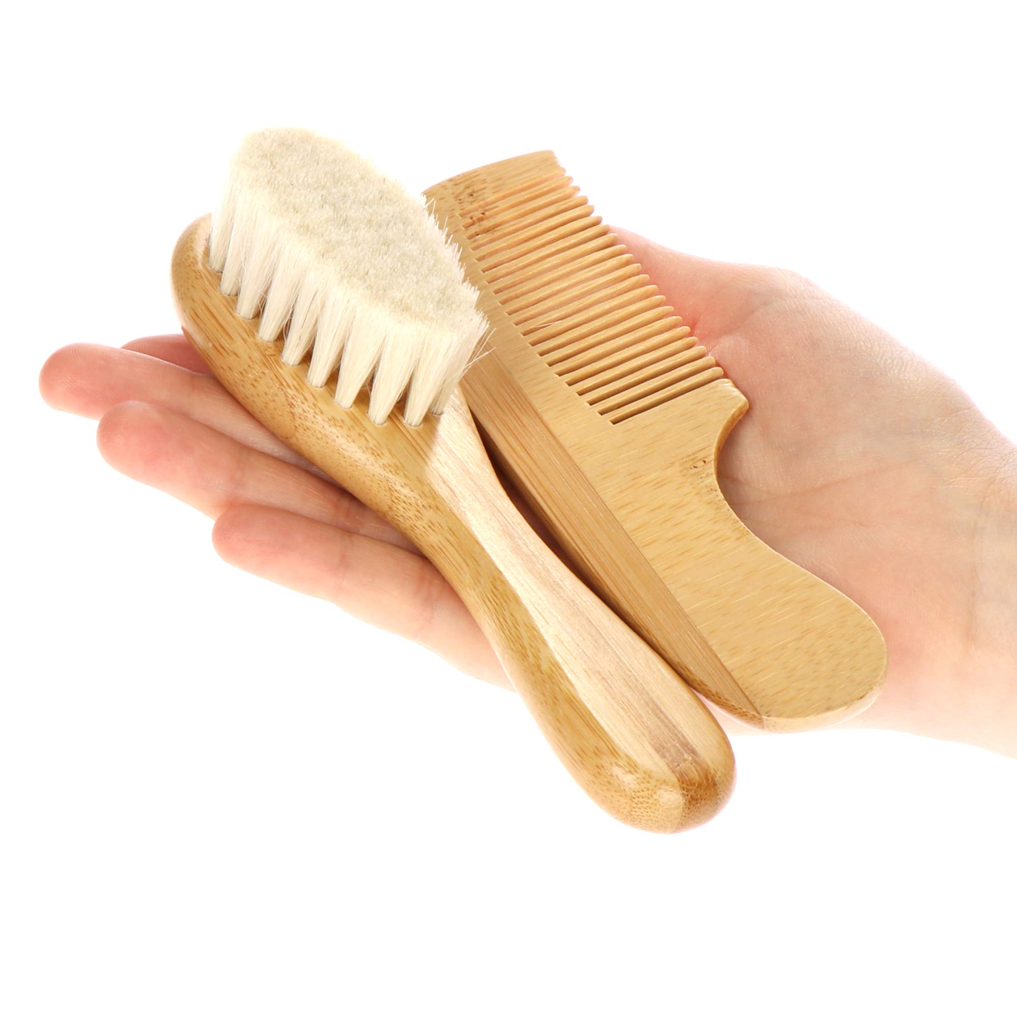 com-four® Ensemble de Soins capillaires pour bébé pièces - Mini Brosse à Cheveux en Bambou avec des Poils Doux en Laine (Peigne + Brosse à Cheveux - Mouton)