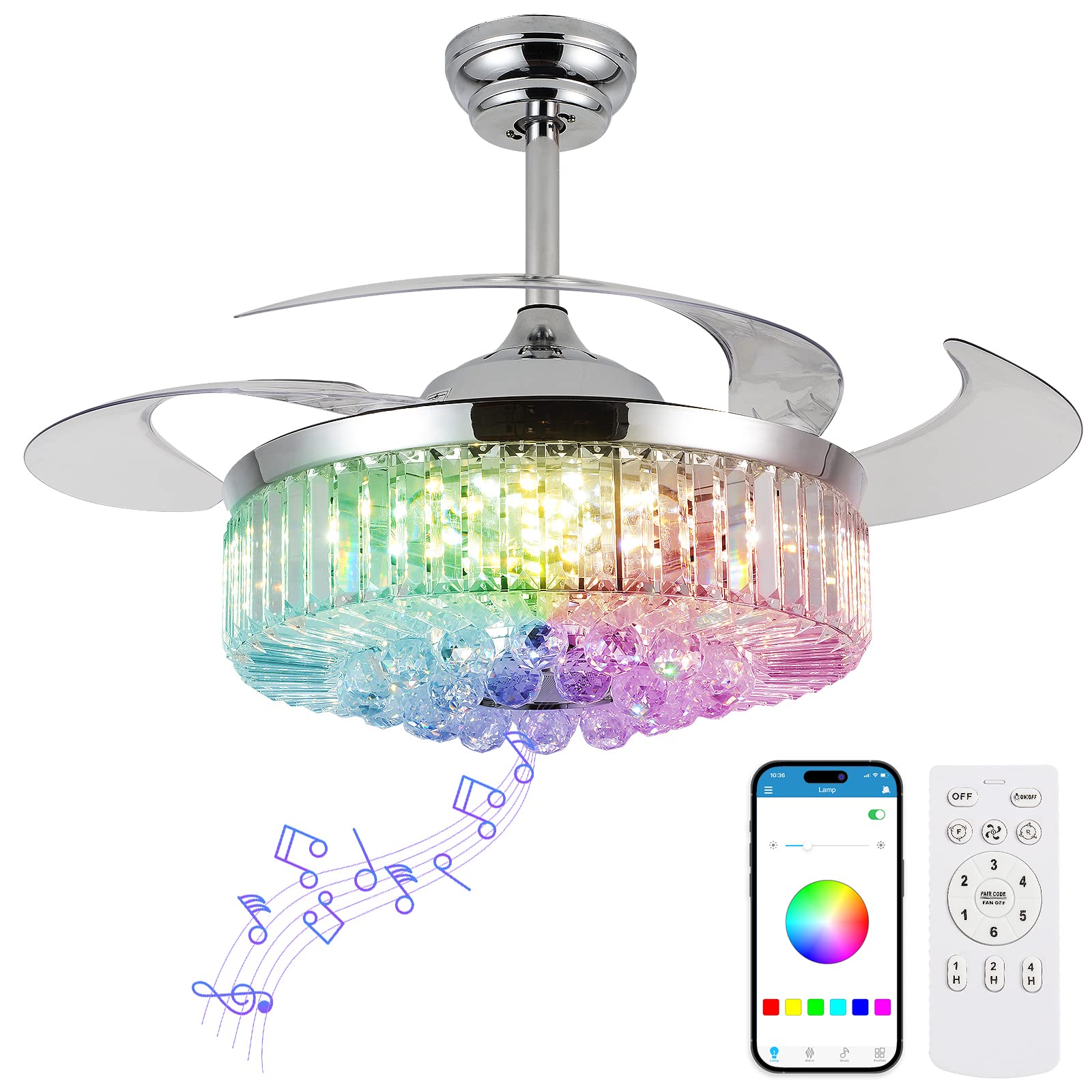 ARONKID Crystal Ceiling Fan with Lights,48 Inch Retractable Chandelier