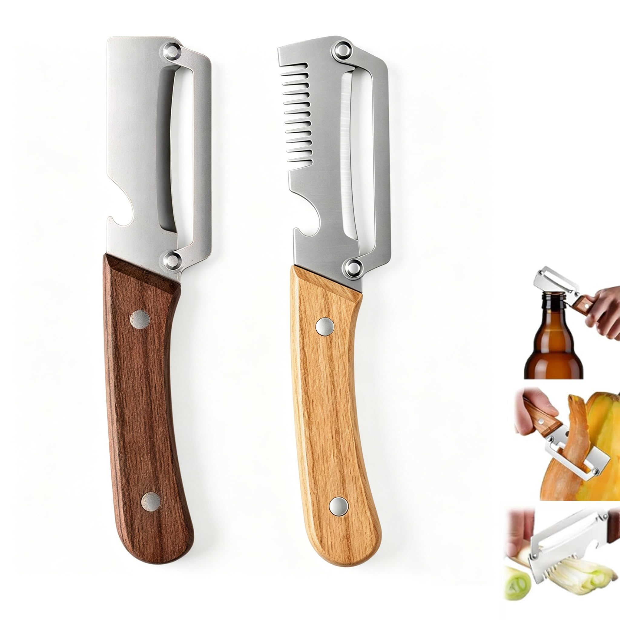 2PCS Multifunctional Vegetable Peeler Set, Ultra Sharp Stainless Steel Veg Peeler with Onion Shredder, Peeler Opener for Kitchen, Camping, Peeling Apples, Potatoes (B)