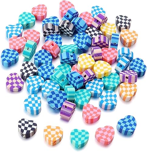 UR URLIFEHALL 180 cuentas hechas a mano de arcilla polimérica con forma de corazón con patrón de tartán para hacer joyas, accesorios de bricolaje