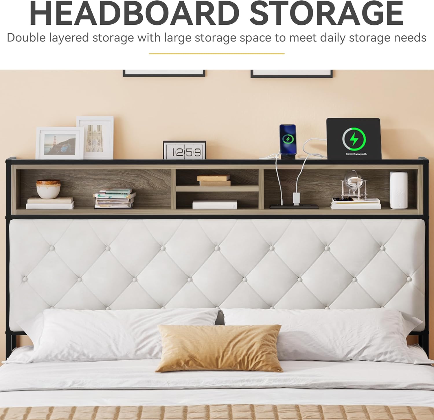 Headboard storage with multiple compartments