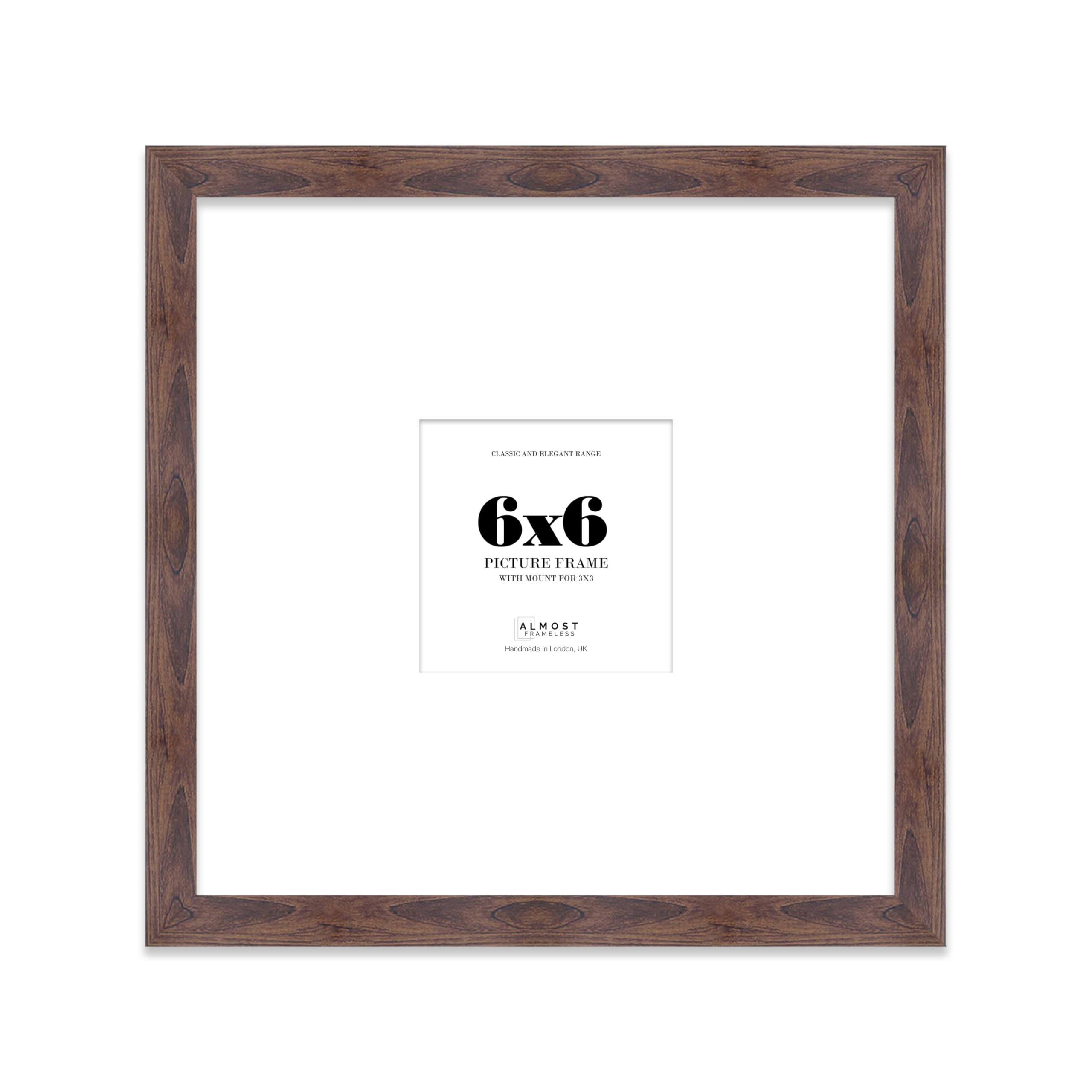 Almost Frameless 6x6 Square Picture Frame, Display Pictures 3x3 With Mat or 6x6 Without Mat, Wall Hanging & Free Standing Photo Frame, Walnut, 1 Pack