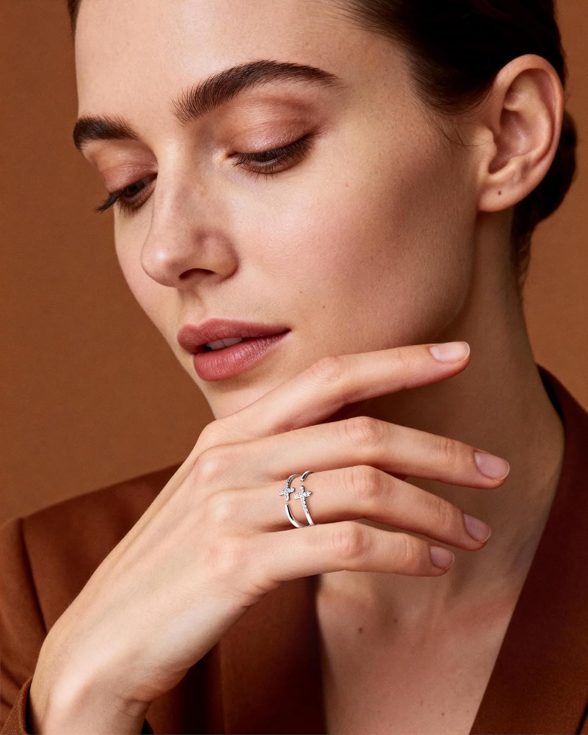 Sterling Silver Cross Ring for Women - Adjustable Open Ring with Double Cross & Zircon Design, Stackable Statement Jewelry - Image 4