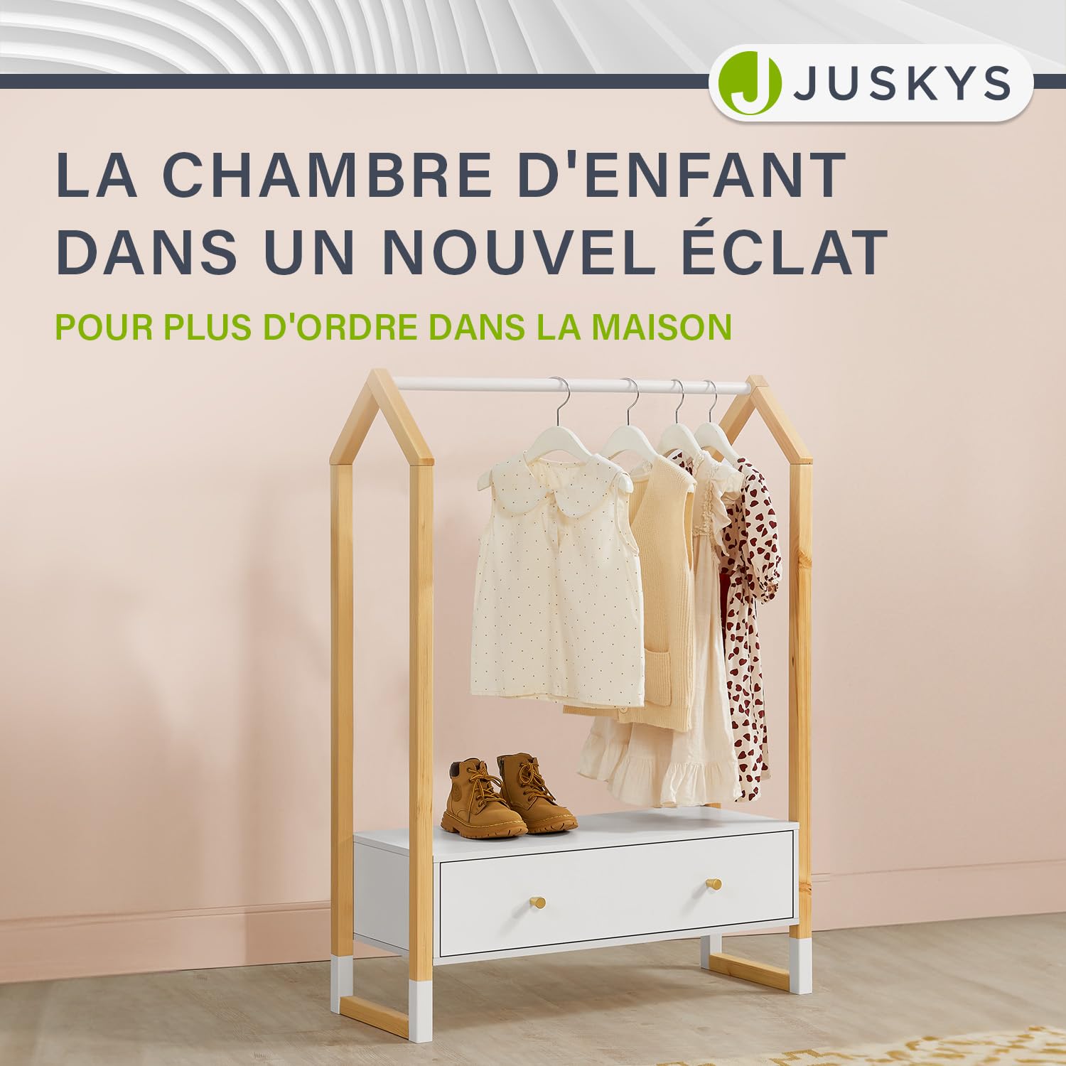 Juskys penderie Filla pour Enfants - Grand tiroir, Tringle à vêtements, étagère Ouverte - portemanteau en Bois pour Enfants - Filles et garçons - portemanteau Blanc