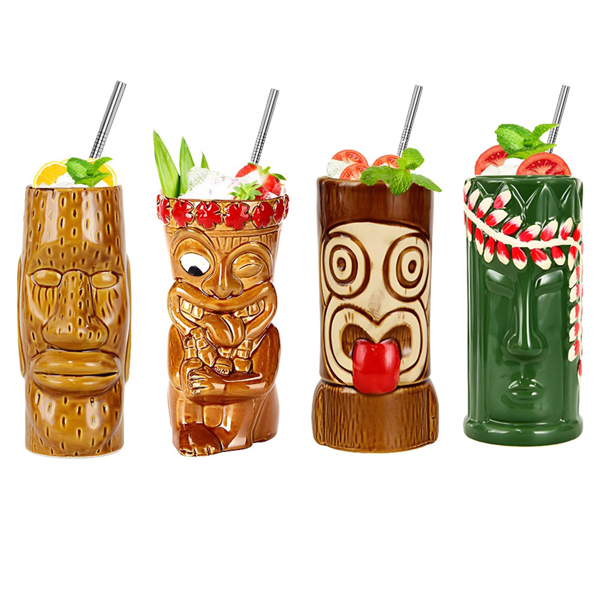Morlinca Tiki Mugs Cocktail Set of 4 Ceramic Tiki Cups Hawaii Tiki Party Creative Cocktail Glass Bar Drinkware Premium Tropical Exotic,A10