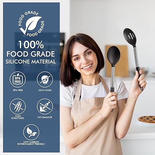 Miniatura 6 de HOTEC Cuchara de cocina grande de silicona resistente al calor de 446 F, cucharas ranuradas sólidas sin BPA, utensilios de cocina antiadherentes,