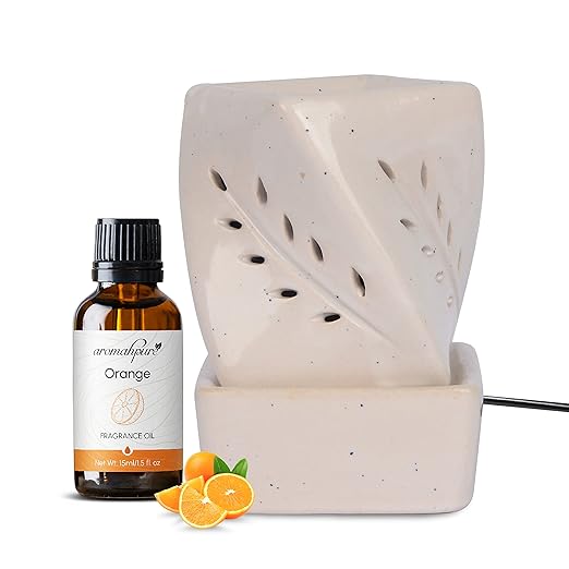 Aromahpure White Electric Ceramic Twist Diffuser 15 ml Fragrance Oil | Zesty Orange | Scented Diffuser | Elegant Diffuser for Home, Mandir, Office, Desk Decoratives, Gifting