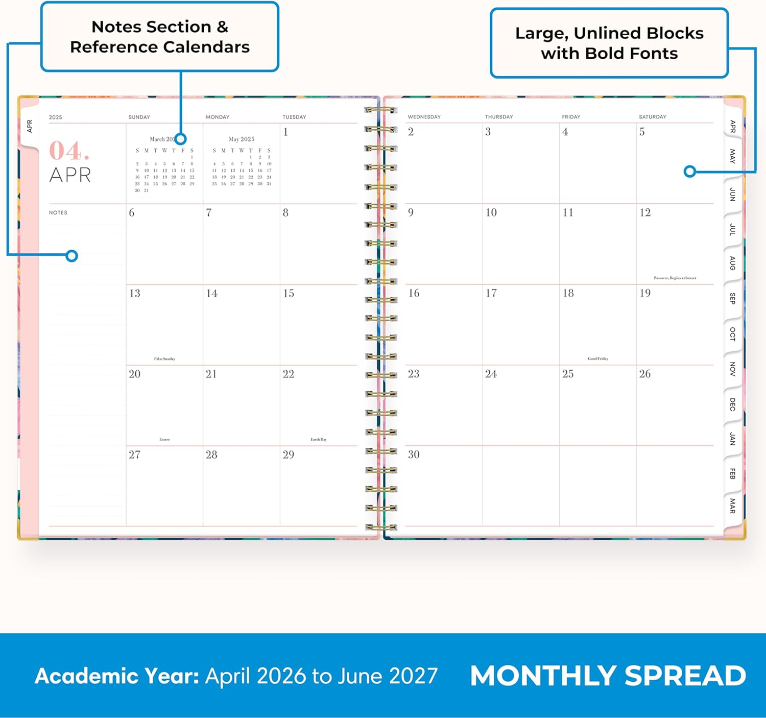 Blue Sky 15 Month 2026-2027 Weekly and Monthly Academic Year Planner Calendar, April 2026 - June 2027, 8.5" x 11", Hard Cover, Wirebound, Laminated Tabs, Storage Pocket, Includes Snap-in Ruler w/Sticky Notes & Sticker Sheet, Nerina