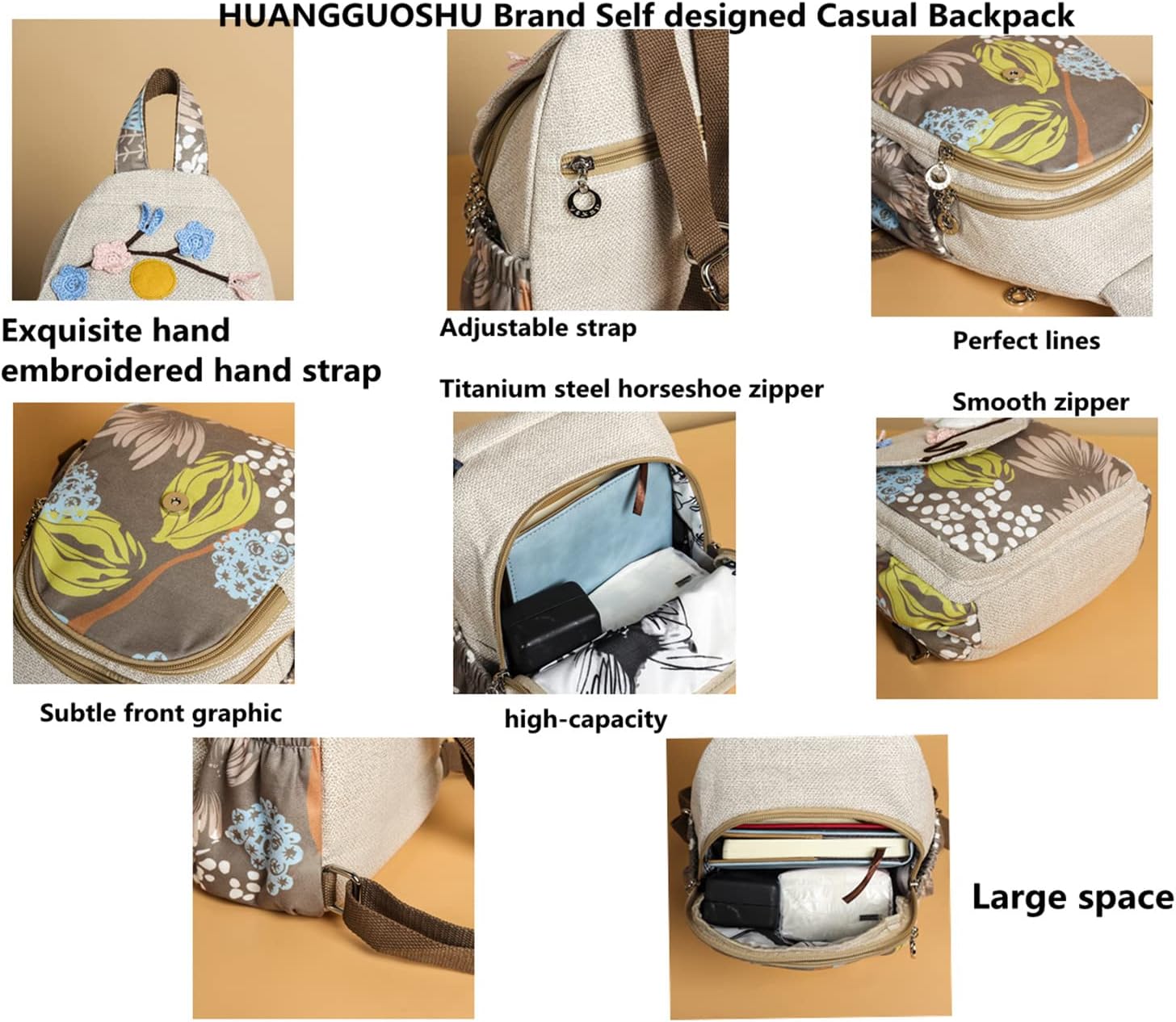 HUANGGUOSHU Women Cotton Woven Bohemian Hemp Boho Canvas Embroidery Multi Pocket Retro Cute Backpack Wallet Backpack White rabbit
