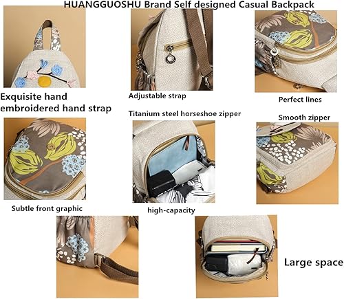 Vista 63 de HUANGGUOSHU Mujer de algodón tejido bohemio cáñamo Boho lona bordado múltiples bolsillos retro linda mochila cartera mochila mochila gato caprichoso