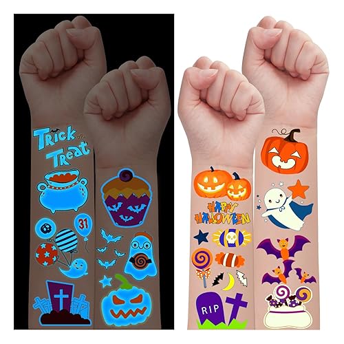 Partywind 56 hojas de tatuajes azules luminosos de Halloween para fiesta de niños, 520 estilos de suministros de fiesta de Halloween, decoraciones