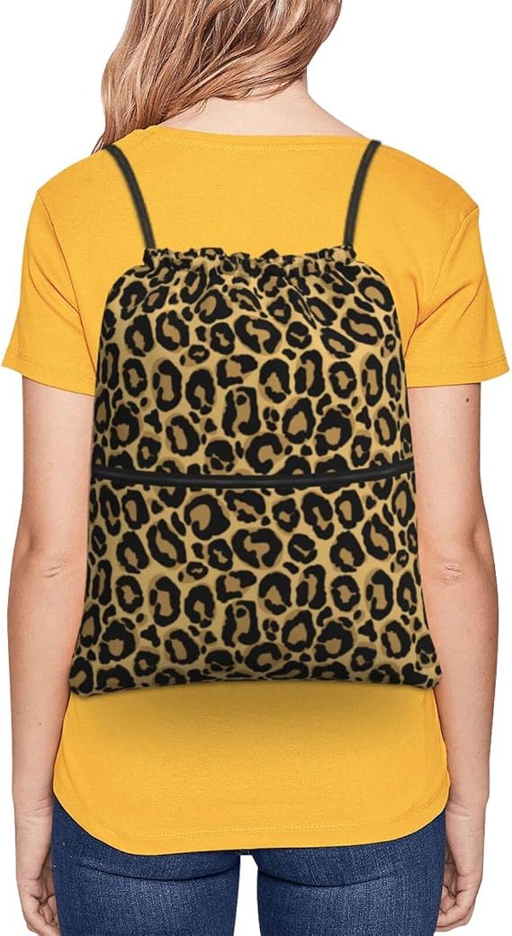 Drawstring Bag Black Leopard Yellow Drawstring Zipper Backpack Water Resistant String Bag Sports Sackpack Gym Sack With Side Pocket For Men Women