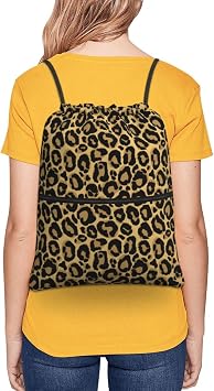 Drawstring Bag Black Leopard Yellow Drawstring Zipper Backpack Water Resistant String Bag Sports Sackpack Gym Sack With Side Pocket For Men Women