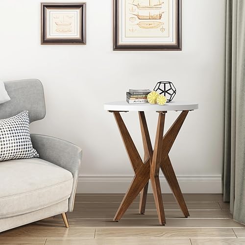 Miniatura 7 de Mesa auxiliar redonda moderna con parte superior blanca lisa y patas cruzadas de nogal, mesa de acento minimalista para sala de estar, balcón o