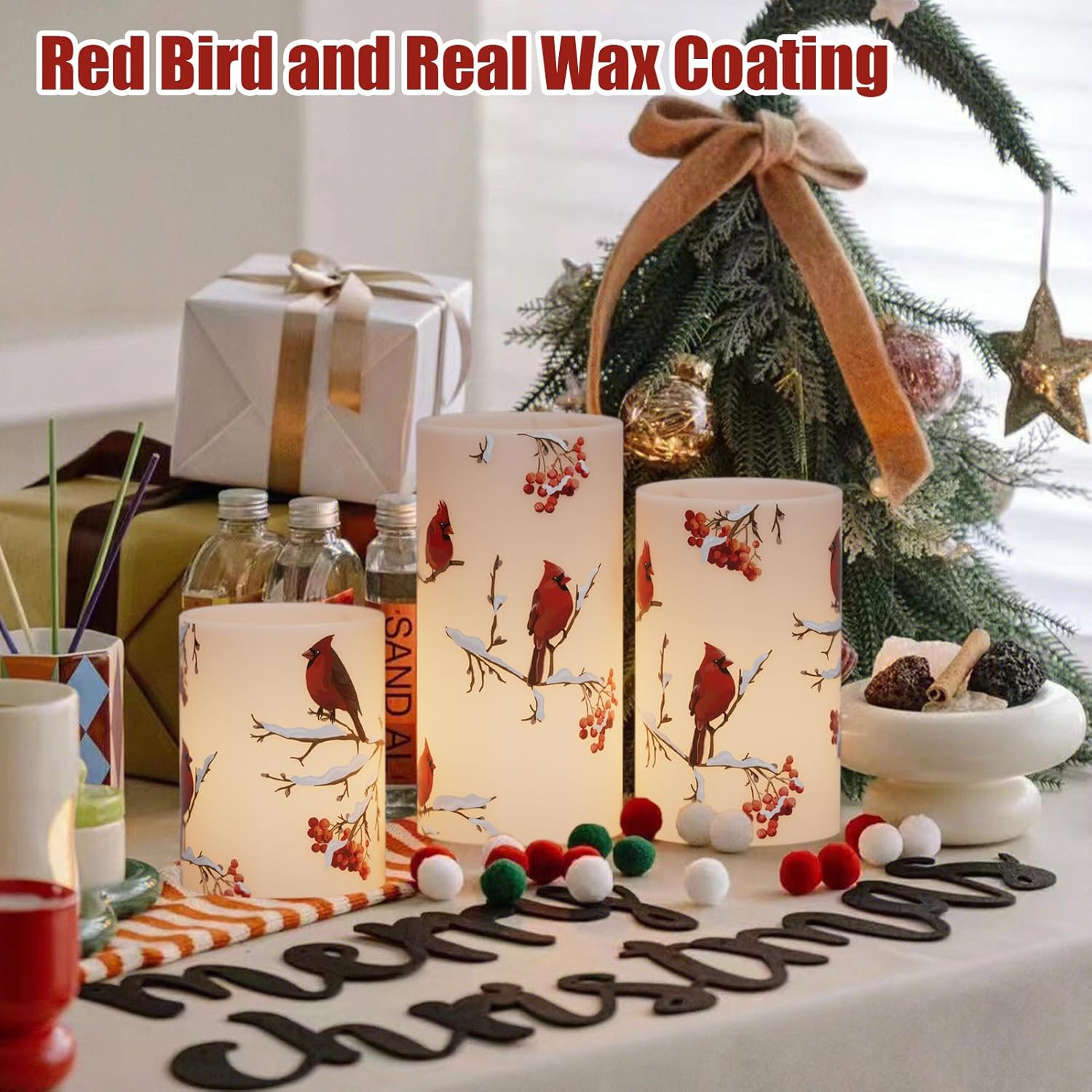 Cardinal Theme Christmas Flameless Candles with 6H Timer, Real Wax LED Pillar Candles Flickering, Battery Operated Waxy Candles for Home Fireplace Décor Christmas Gifts, 3x4/5/6 inches - Image 7