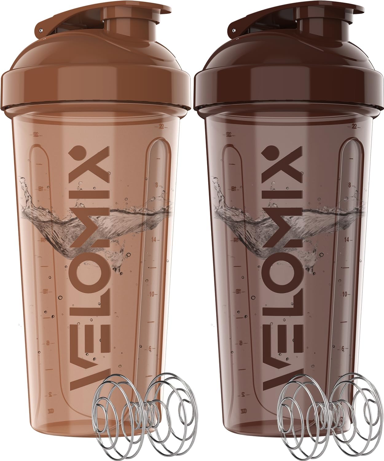 VELOMIX -2 Pack- 28 oz Protein Shaker Bottles for Protein Mixes - 2x Wire Whisk | Leak Proof Shaker Cups for Protein Shakes and Pre Workout | Protein Shaker Bottle Pack (A4) Brown Series