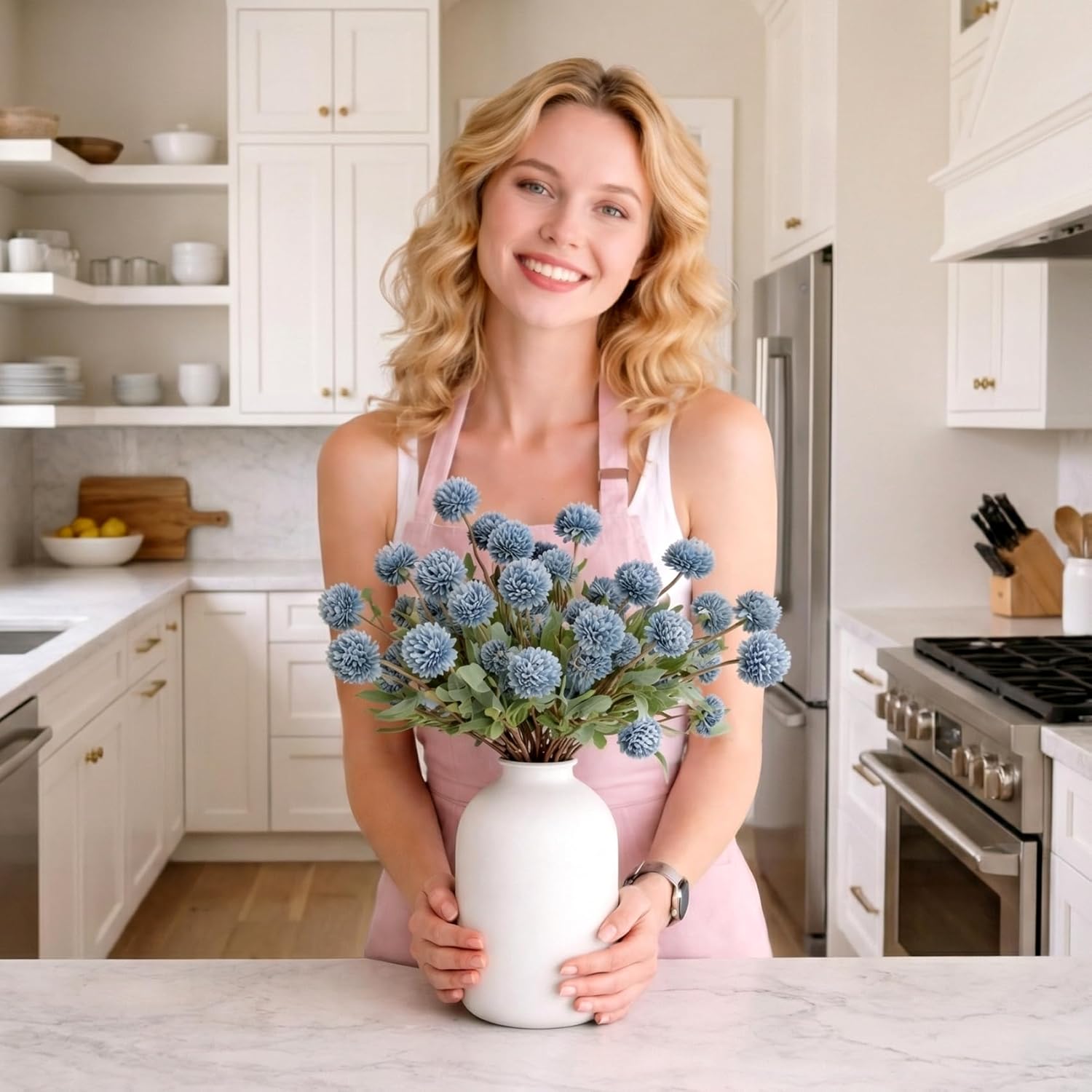 Blue Fake Kiku Flowers with Metal Vase, Blue Faux Silk Pompon Mums Artificial Flowers, Floral Arrangement Dried Flowers Vintage Decorative Indoor Home Decor