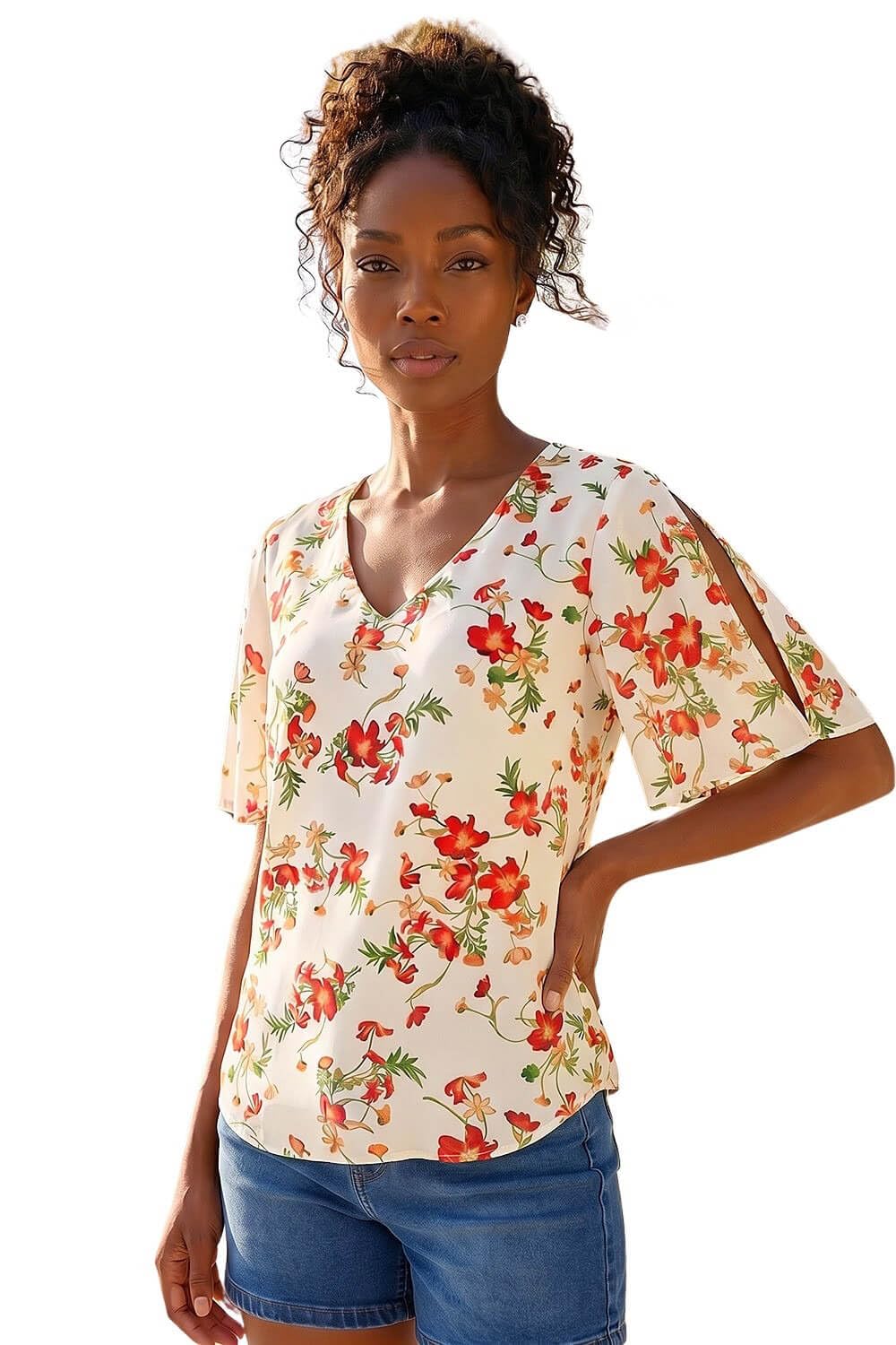 Roman Originals Women's Floral Red Floral Short Angel Sleeve Top - Fashion Smart Casual Formal Party Gatherings Special Occasions Summer Holiday Work Wear Tops - Size 14