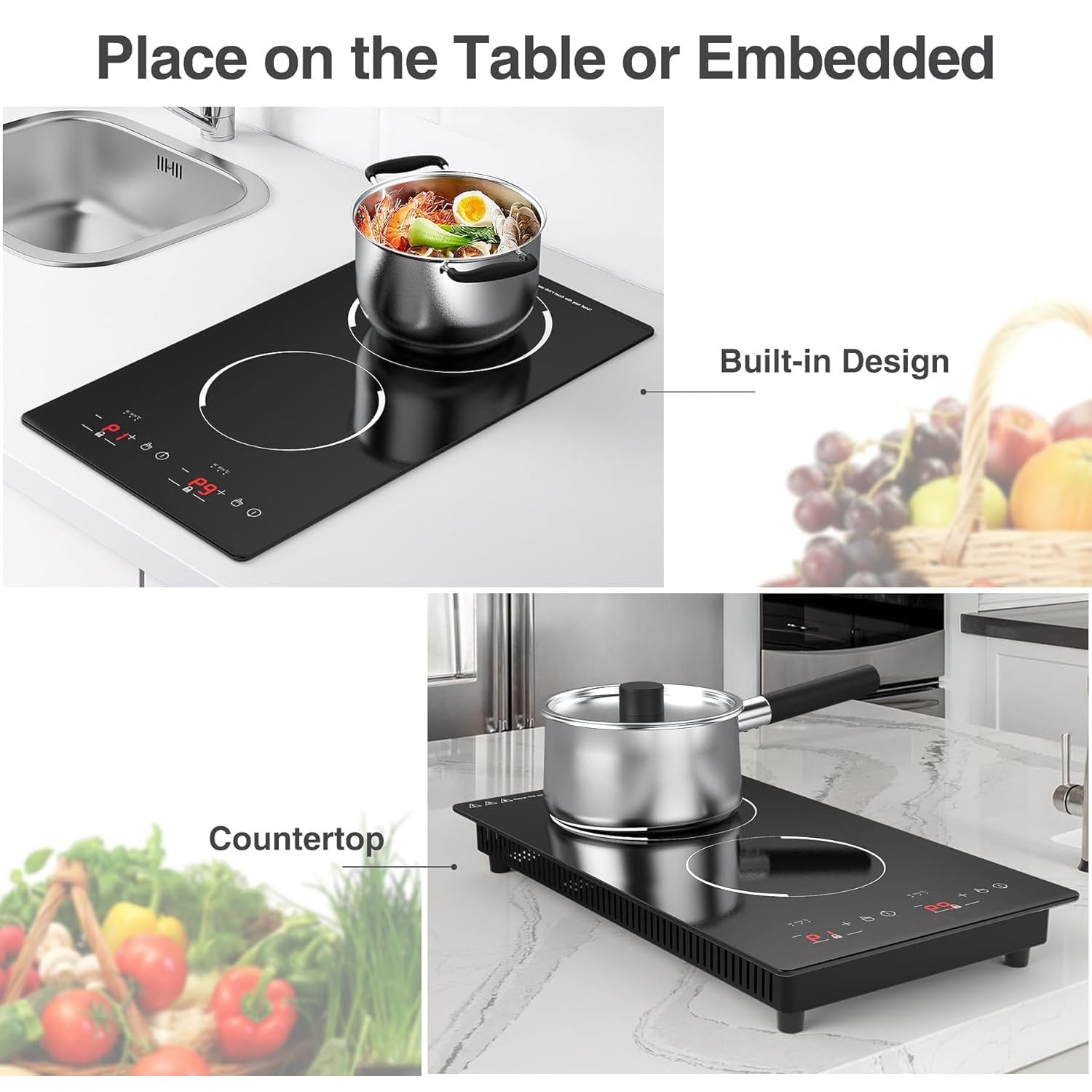 VBGK Double Induction Hob, 3000W Portable Induction Hob, Built-in Induction Cooker with LED Touch Display, 9 Power Level, 120 Mins Timer & Safety Lock, 220~240V, Black — view 4