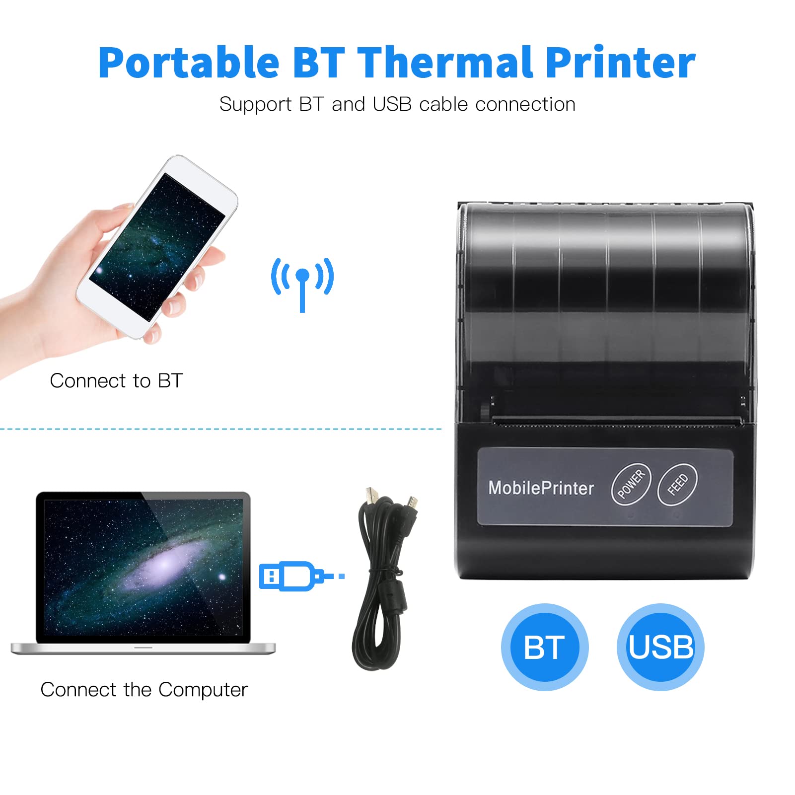 Irfora Stampante portatile BT 80 mm per ricevute termiche, mini stampante mobile POS personale con batteria ricaricabile, supporta ESC/POS, compatibile con Android iOS