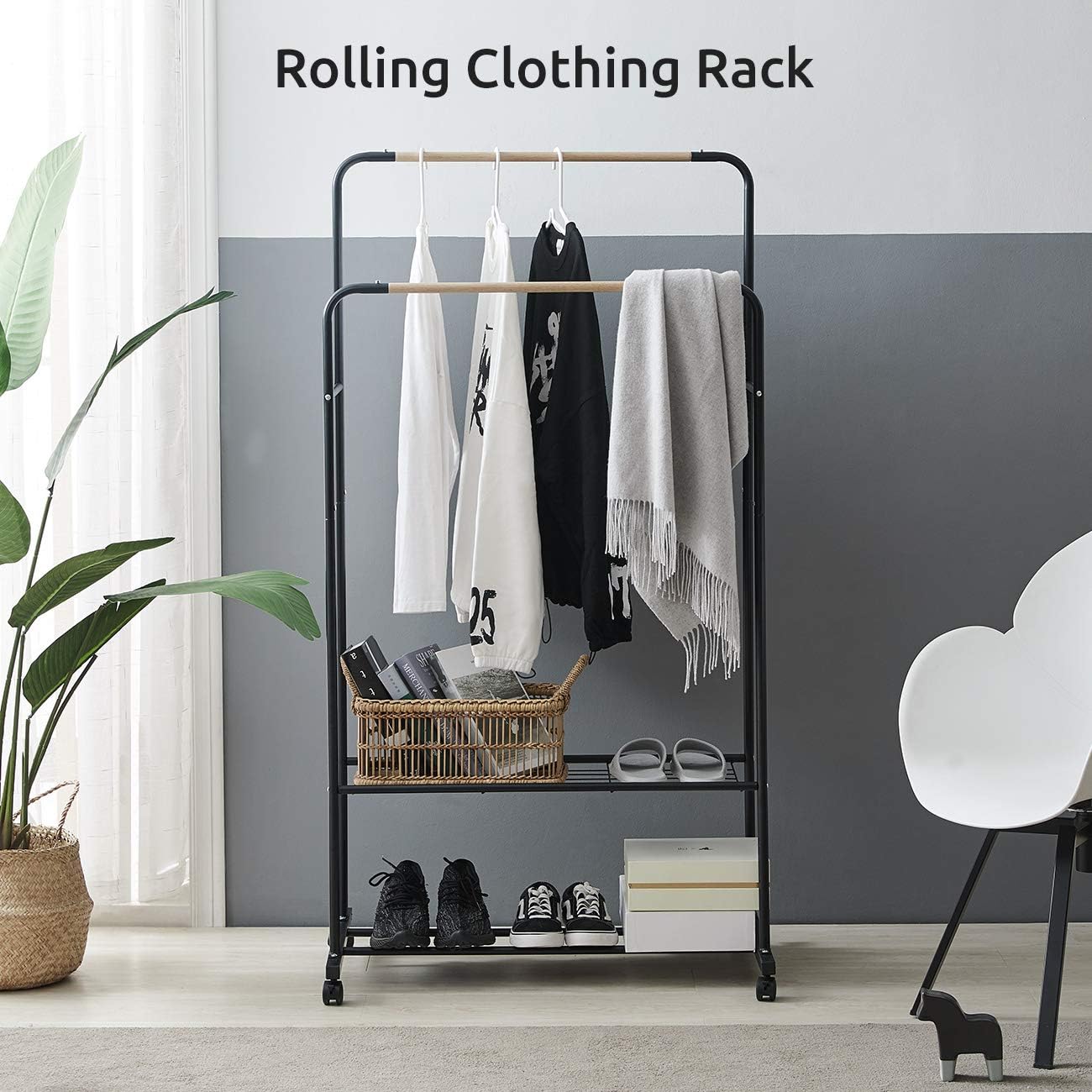 YOUDENOVA Clothes Rack on Wheels, Double Rails Rolling Clothing Rack with Shelves, Clothes Rack for Hanging Clothes, Black Garment Rack, Hanging Wardrobe Rack : Home & Kitchen