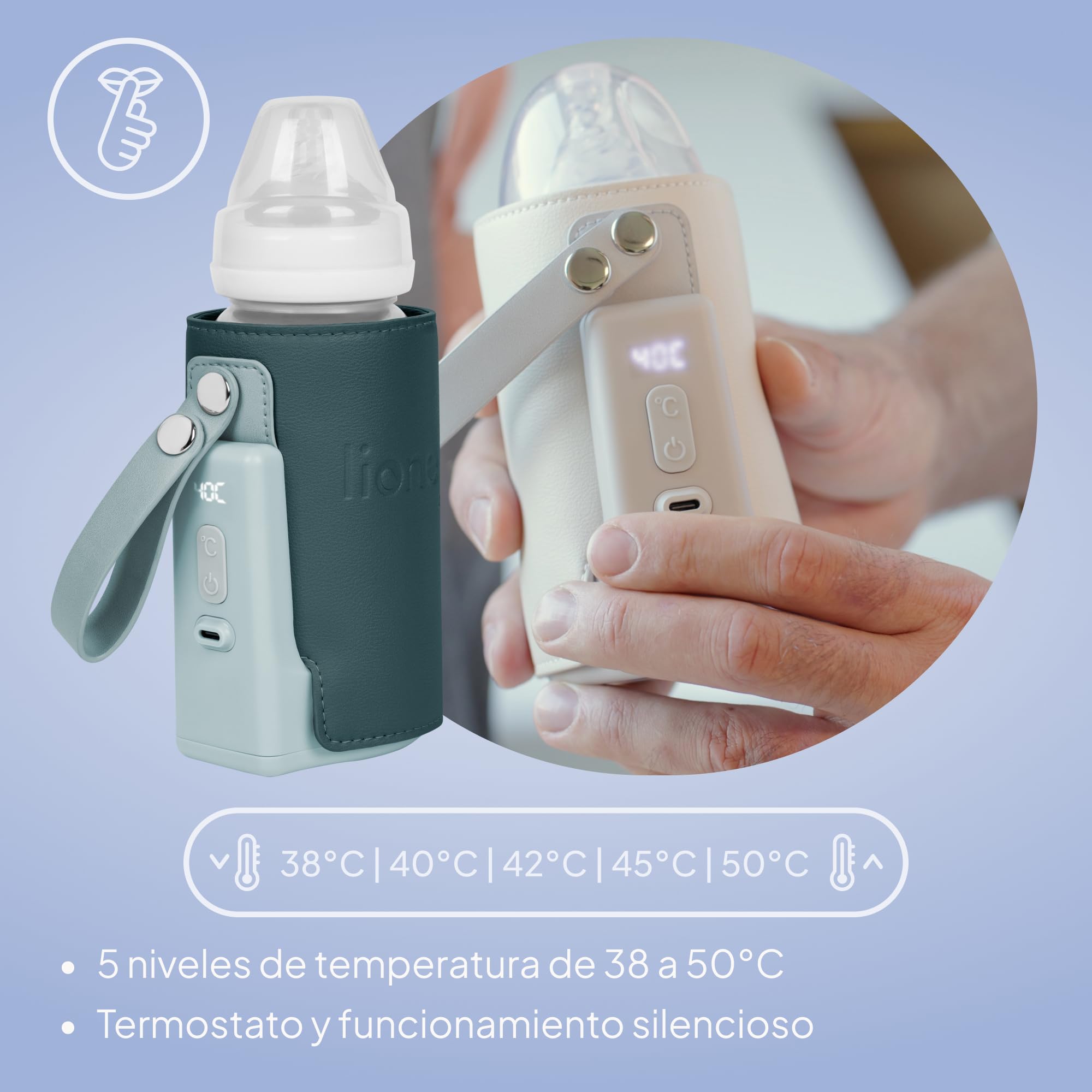 LIONELO Thermup Go Plus Calientabiberones Portátil, Mantiene los Líquidos Calientes, 5 Temperaturas de Funcionamiento de 38 a 50 C, Carga USB, 8h de Funcionamiento Pantalla LCD Silenciosa
