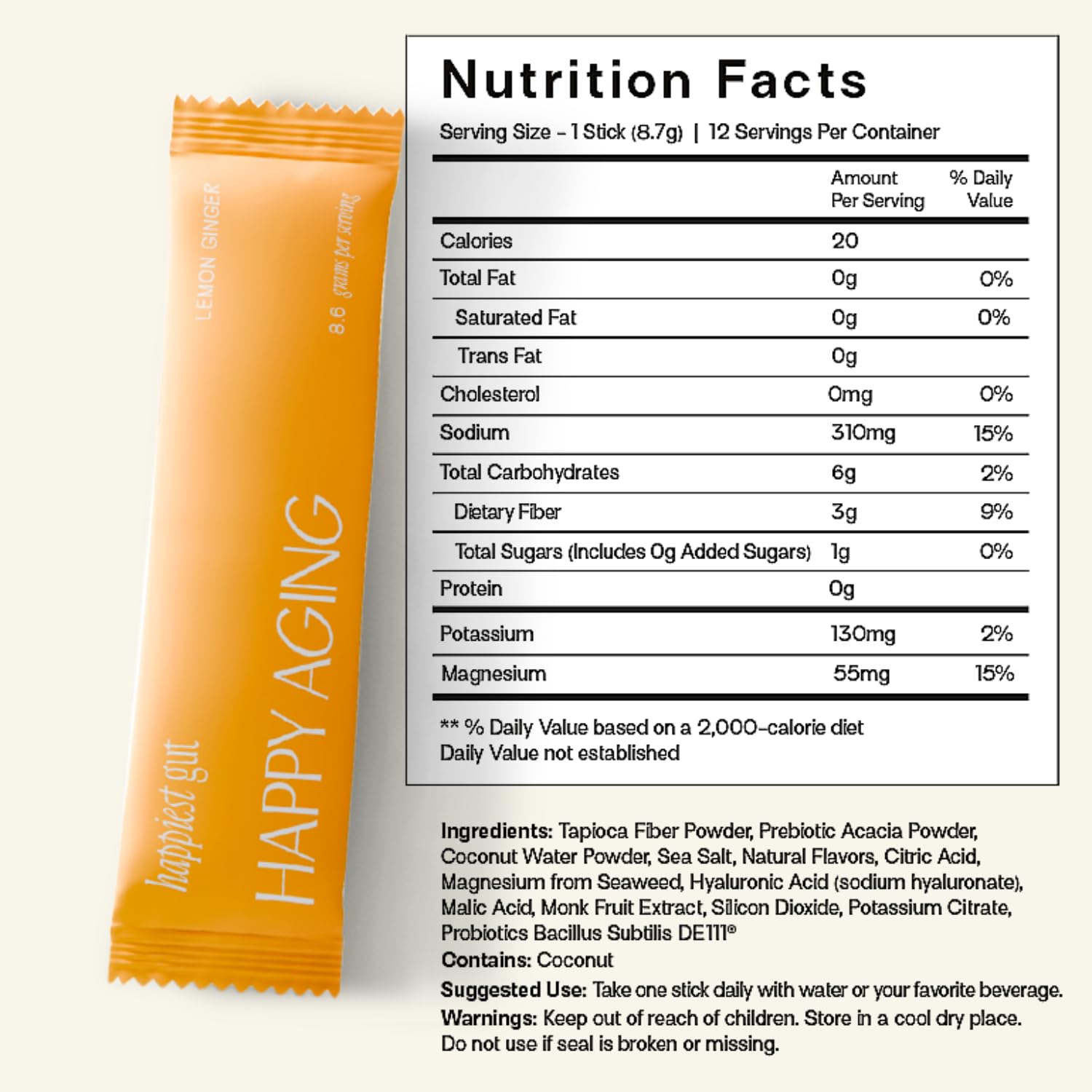 Happy Aging Happiest Gut Electrolytes Powder Packets for Women - Sugar Free Hydration Powder, Probiotics + Dual Prebiotics + Hyaluronic Acid - Zero Sugar Drink Mix, Lemon Ginger, 12 Sticks — Amazon image 5