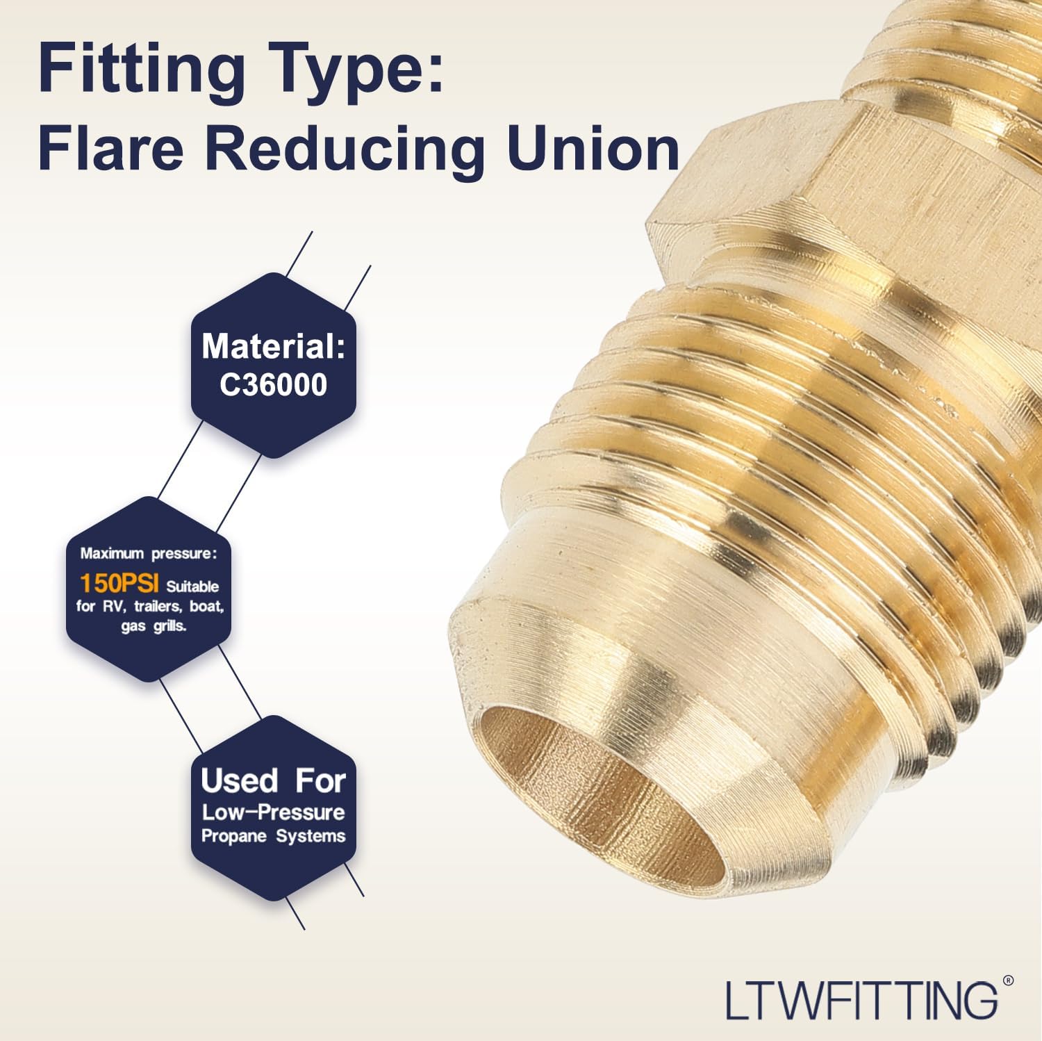 LTWFITTING Brass 1/2" OD x 3/8" OD Flare Reducing Union,Brass Flare Tube Fitting(Pack of 25)