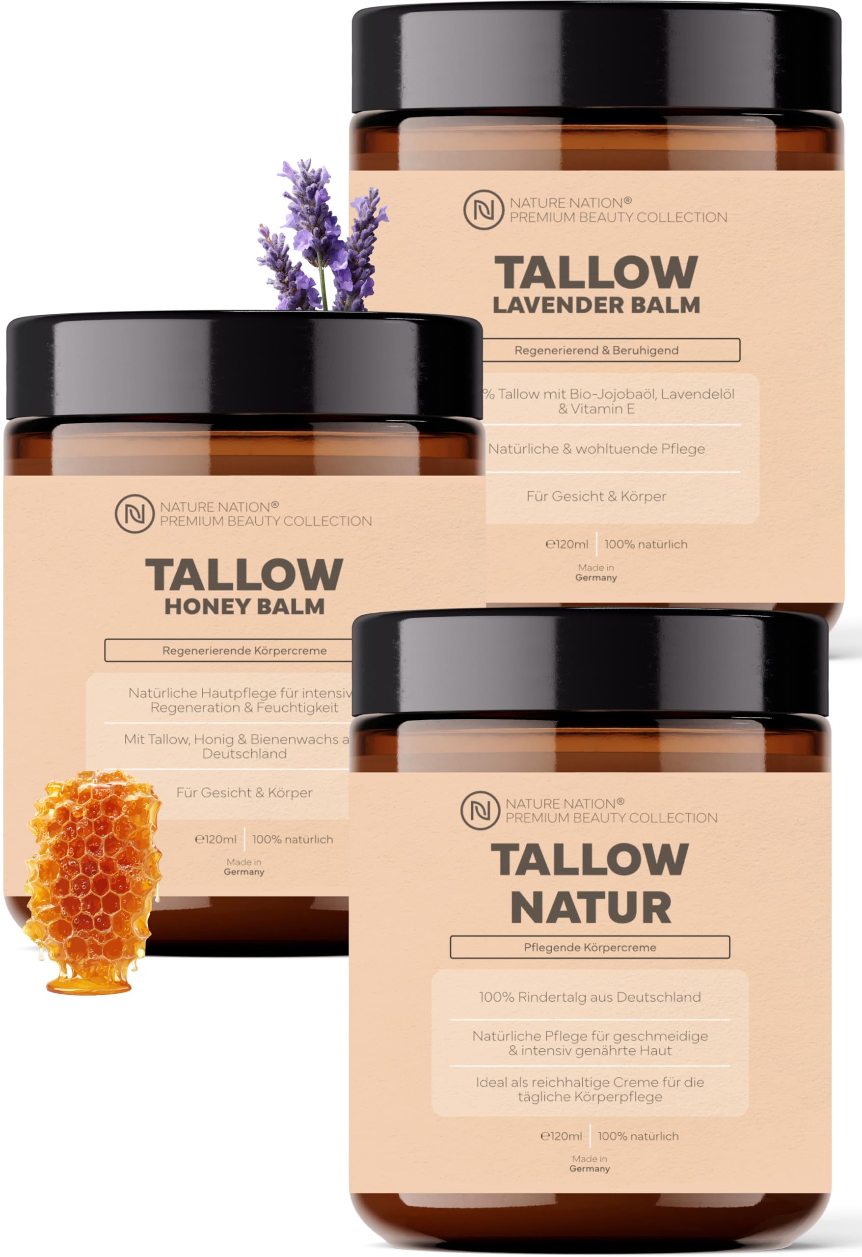 Tallow Creme Probier-Set – Tallow Natur, Tallow Honig & Tallow Lavendel, Pflege für trockene, raue und empfindliche Haut, mit Rindertalg, Honig & Lavendelöl, Naturkosmetik Made in Germany