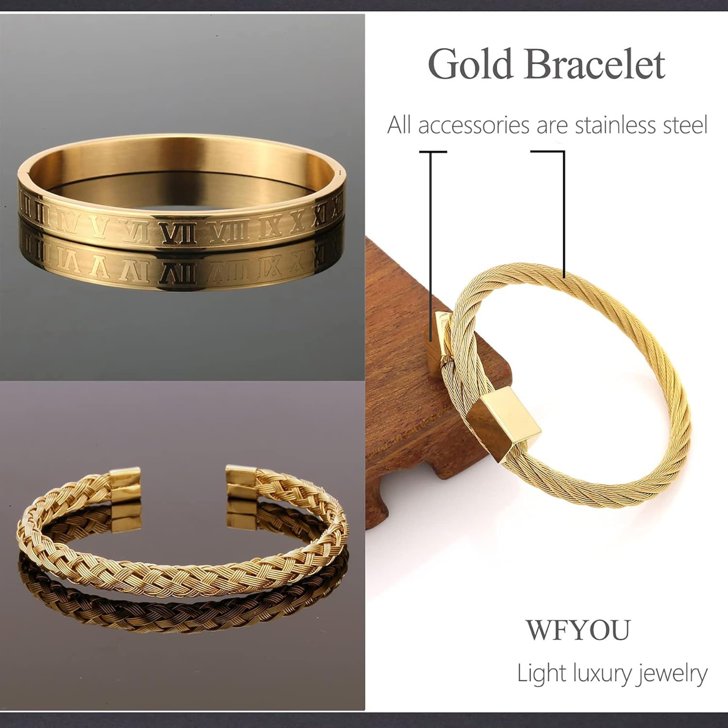 WFYOU 3PCS Stainless Steel Imperial Crown Bracelets for Men Gold Roman Numeral Bangle Bracelet Adjustable Cuff Bracelet Mens Luxury Jewelry Gifts - Image 8