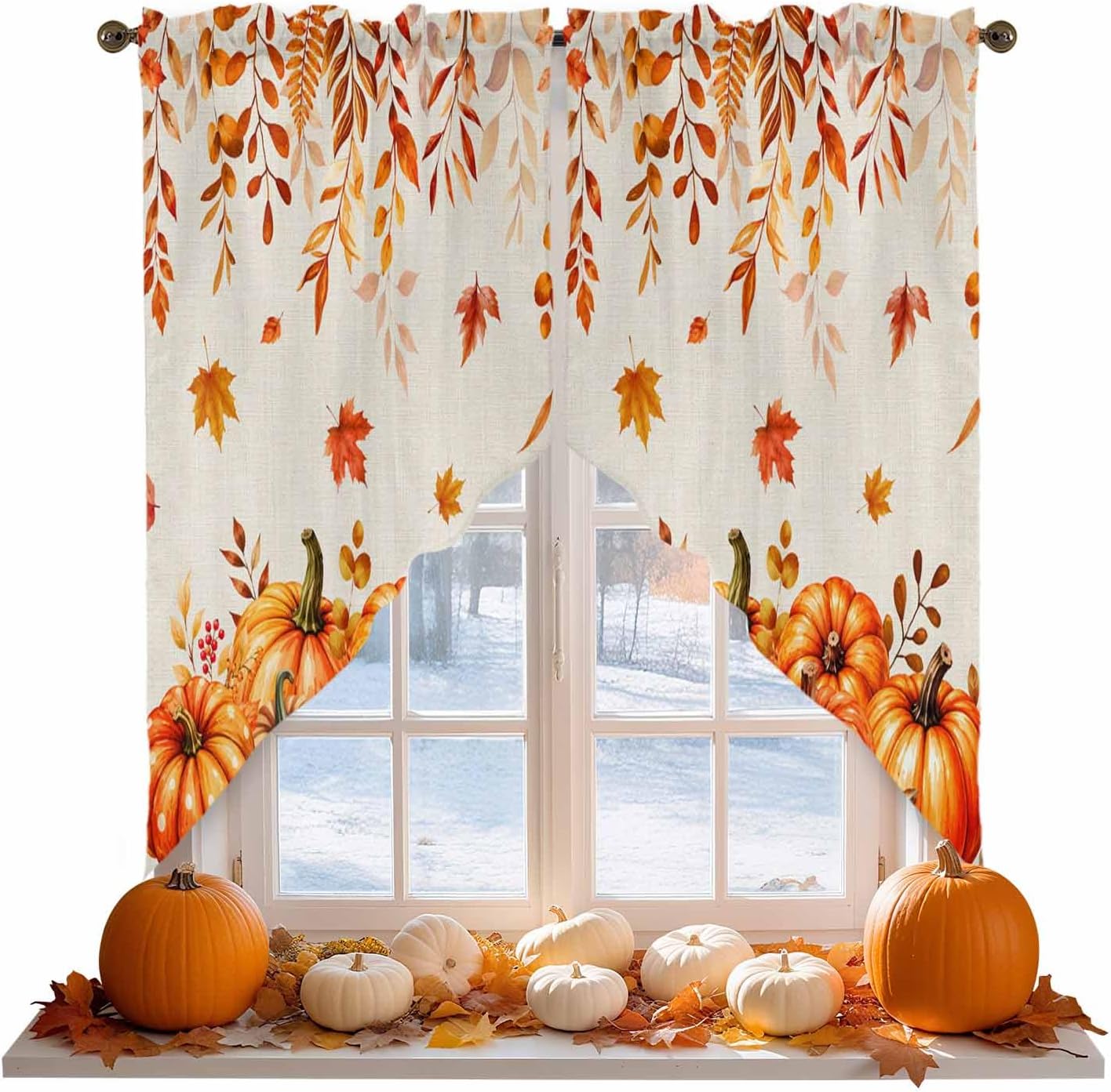 Thanksgiving Swag Curtain Valance for Windows, Orange Pumpkins Fall Kitchen Winodw Curtains Valance, Falling Eucalyptus Maple Rod Pocket Curtains Swag Topper for Cafe Living Room, 2 Panels, 28x36 inch
