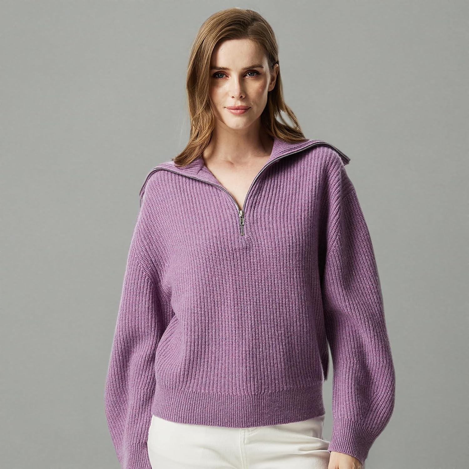 GreenMount Women's Zipper Cashmere Lapel Pullover Sweater Soft and Warm Long Sleeves for Women - Image 6